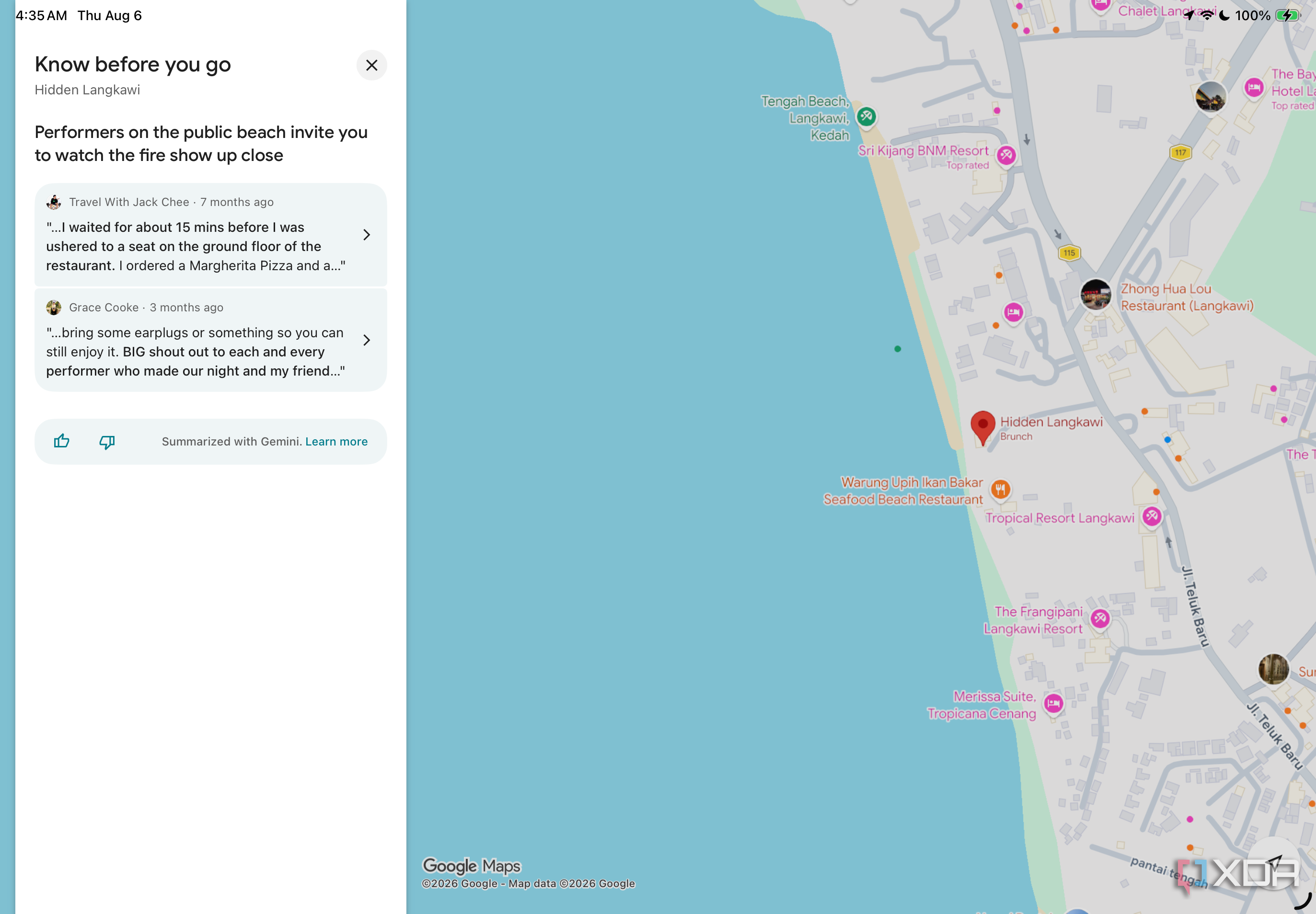 Google Maps Know before you go tip for Hidden Langkawi about beach fire-show performers, with reviewer quotes