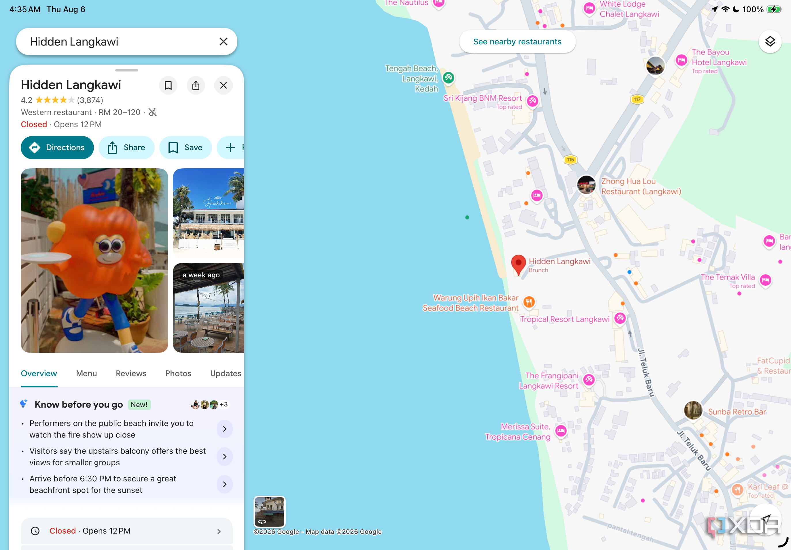 Google Maps listing for Hidden Langkawi restaurant, 4.2 stars, with photos and map pin on Tengah Beach