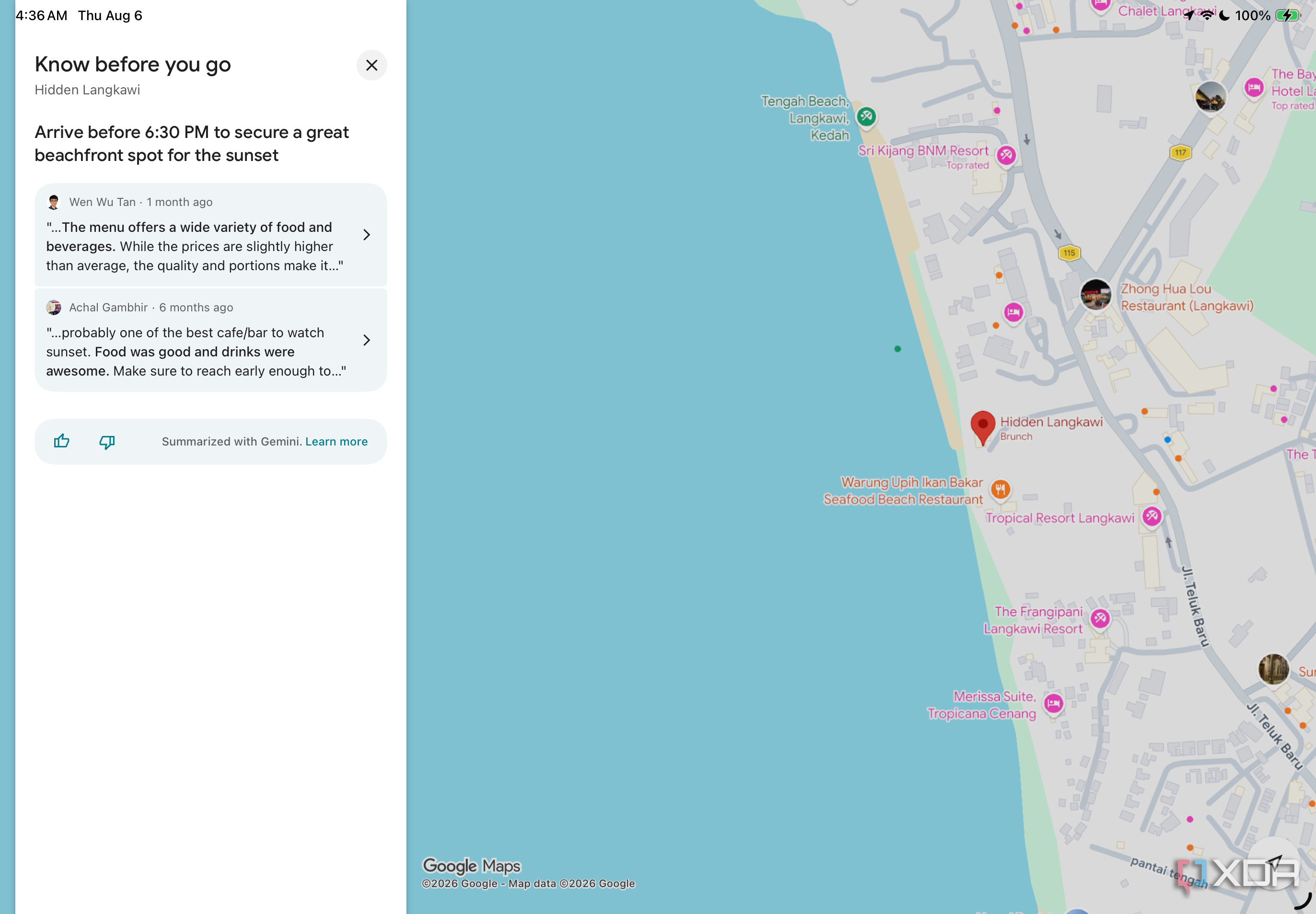 Google Maps tip for Hidden Langkawi advising arrival before 6-30 PM for a good sunset spot, with reviewer quotes