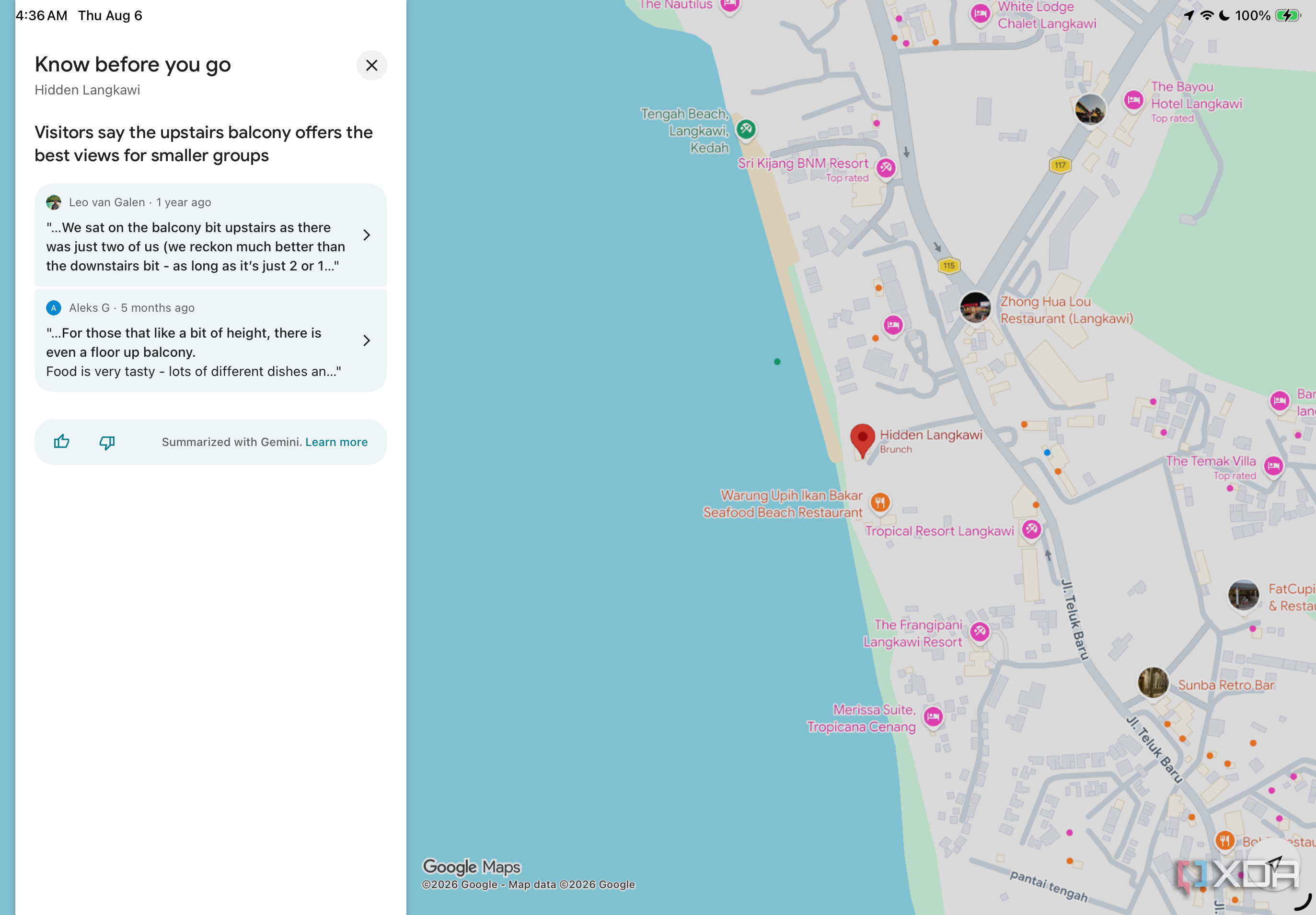 Google Maps tip for Hidden Langkawi noting upstairs balcony has best views for small groups, with reviewer quotes
