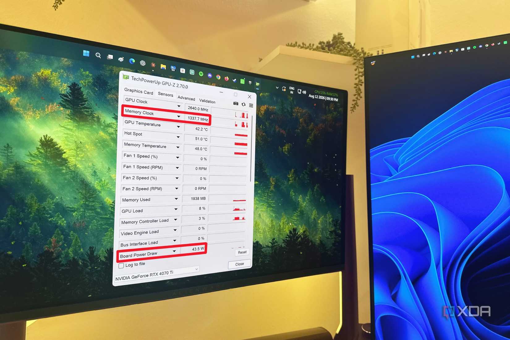 Memory clock and Power draw on GPU-Z on a dual-monitor setup.