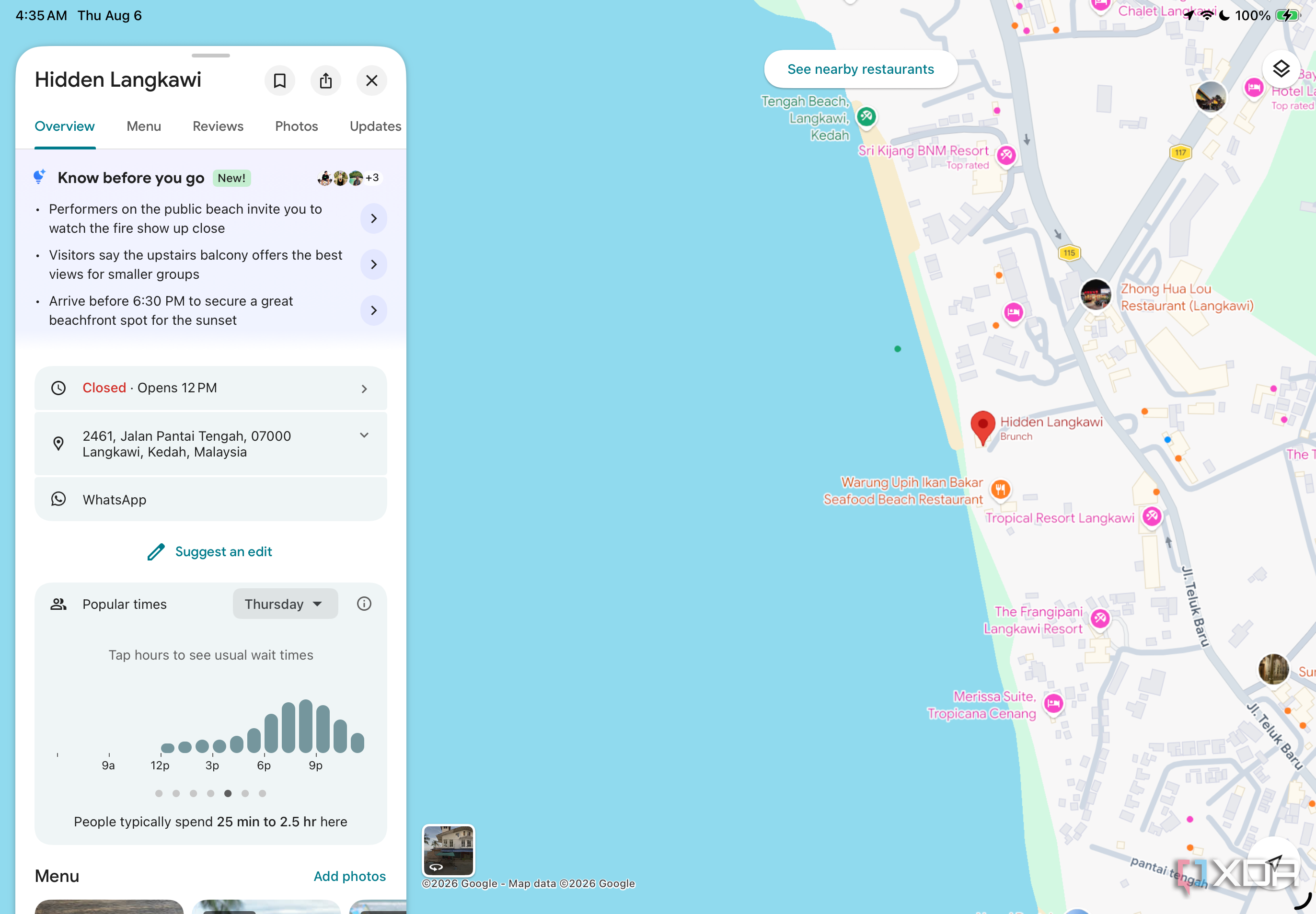 Hidden Langkawi restaurant details in Google Maps, showing address, WhatsApp contact, and popular times chart