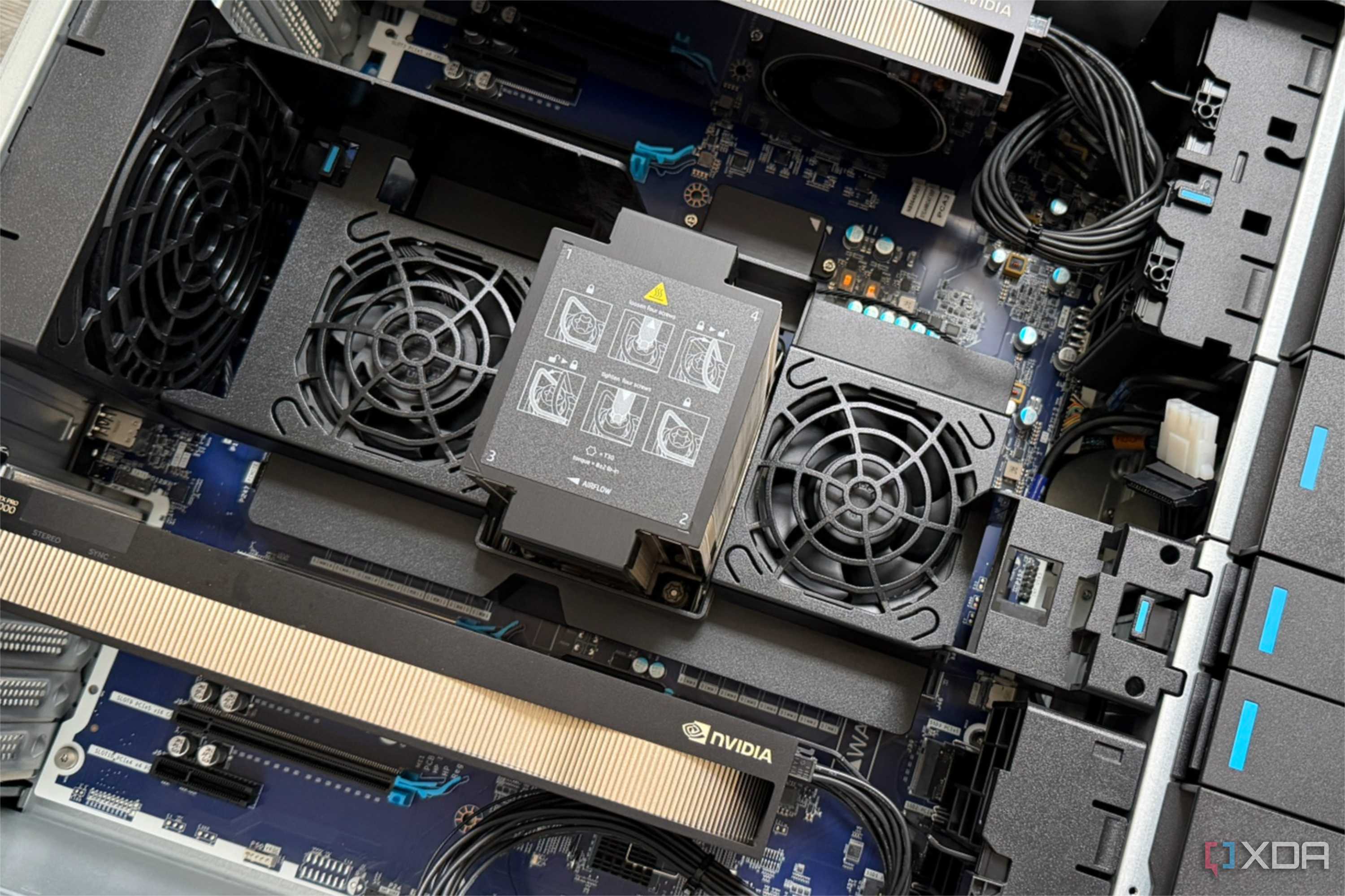home server with side panel off showing two gpus and large cpu and ram cooler