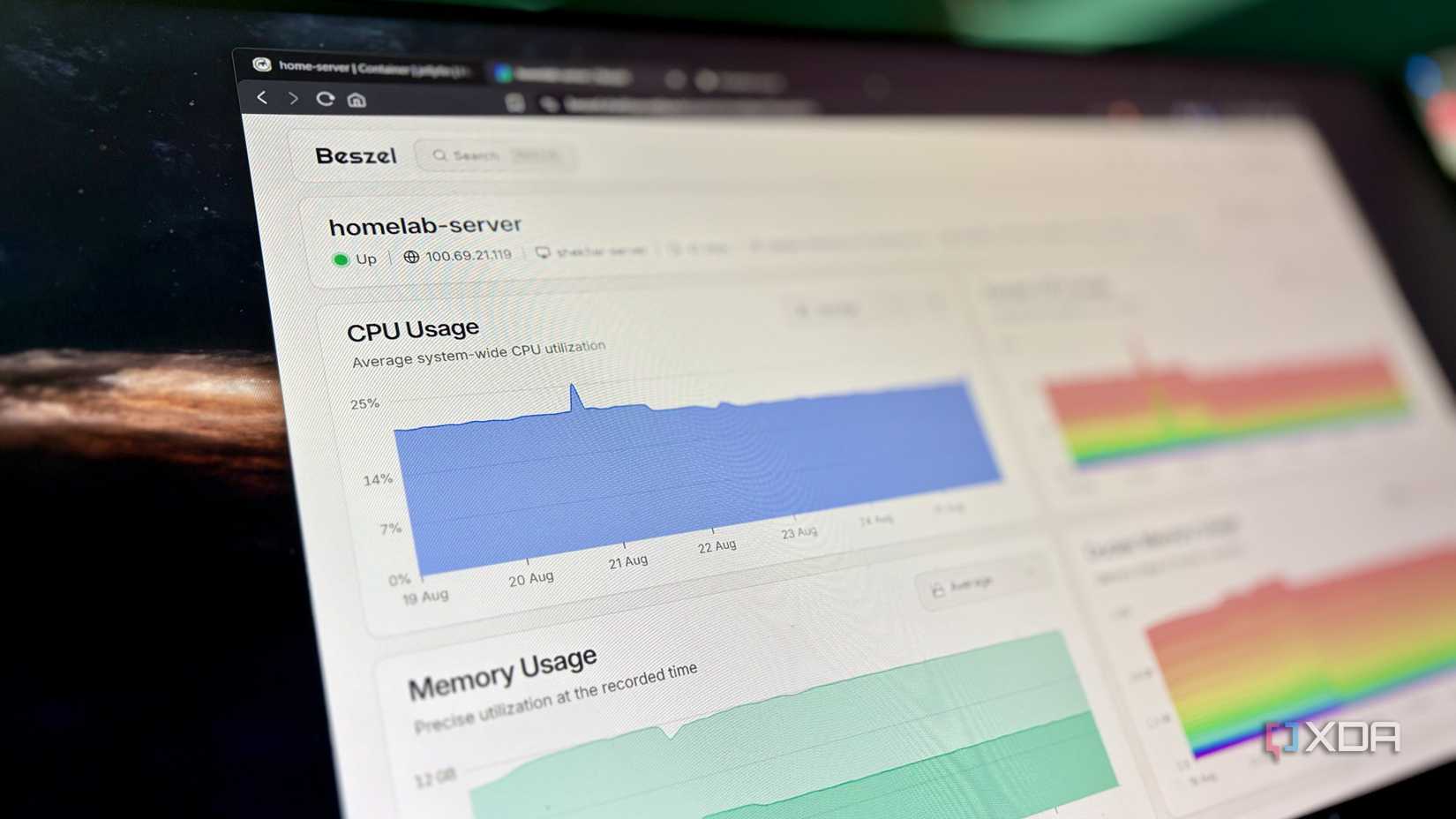 A screen showing flat, stable CPU and memory usage graphs on a homelab dashboard