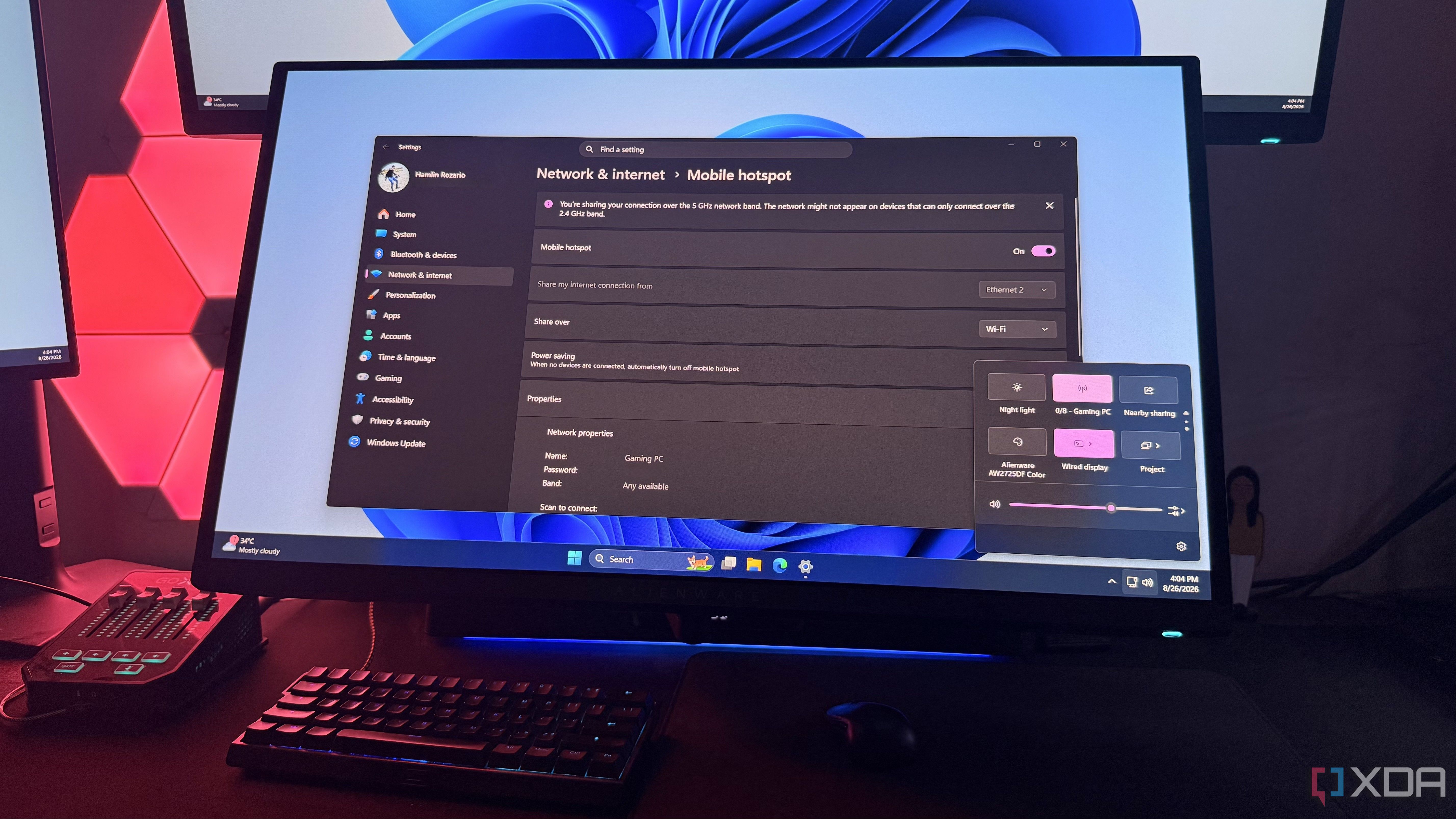 Mobile Hotspot settings on a Windows 11 PC