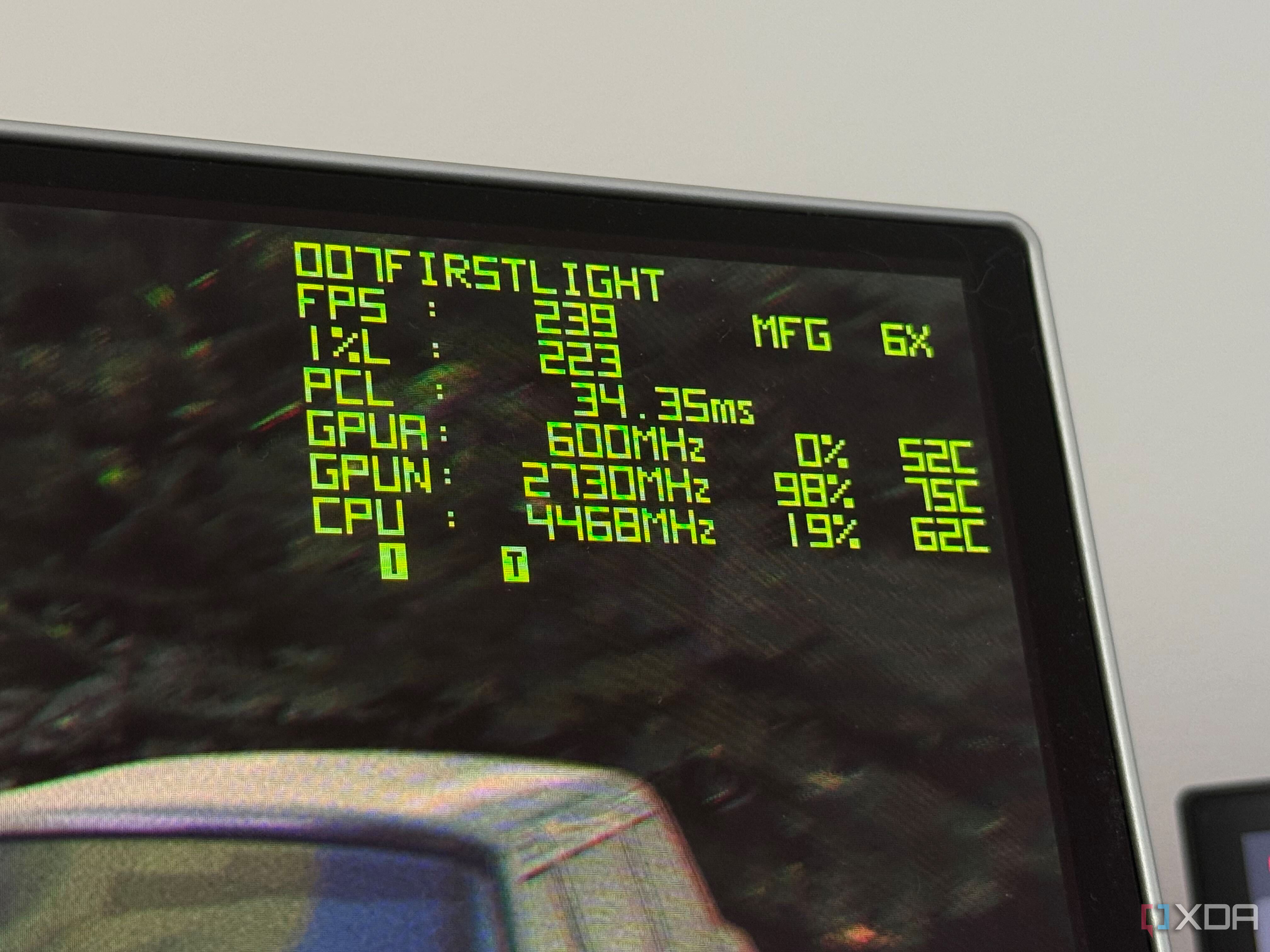 An overlay showing FPS, temperatures, and frame generation information