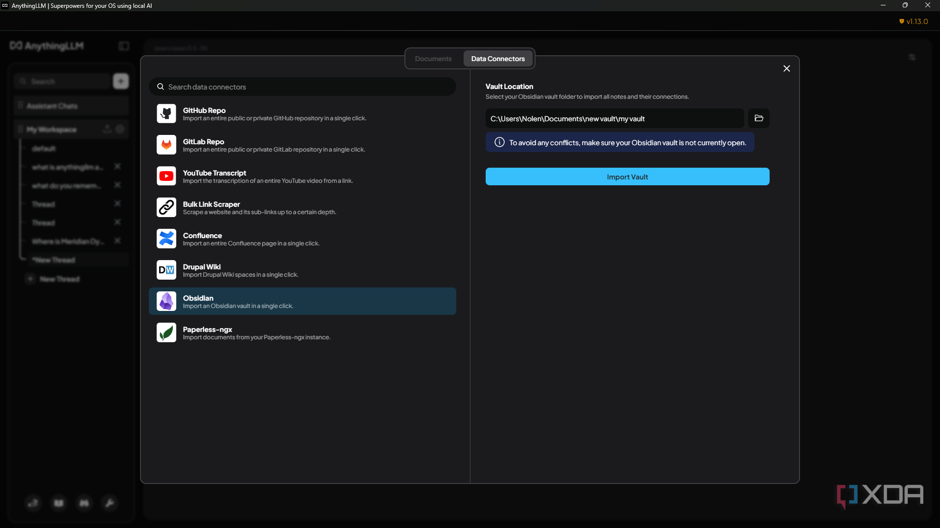 importing obsidian vault via anythingllm data connector