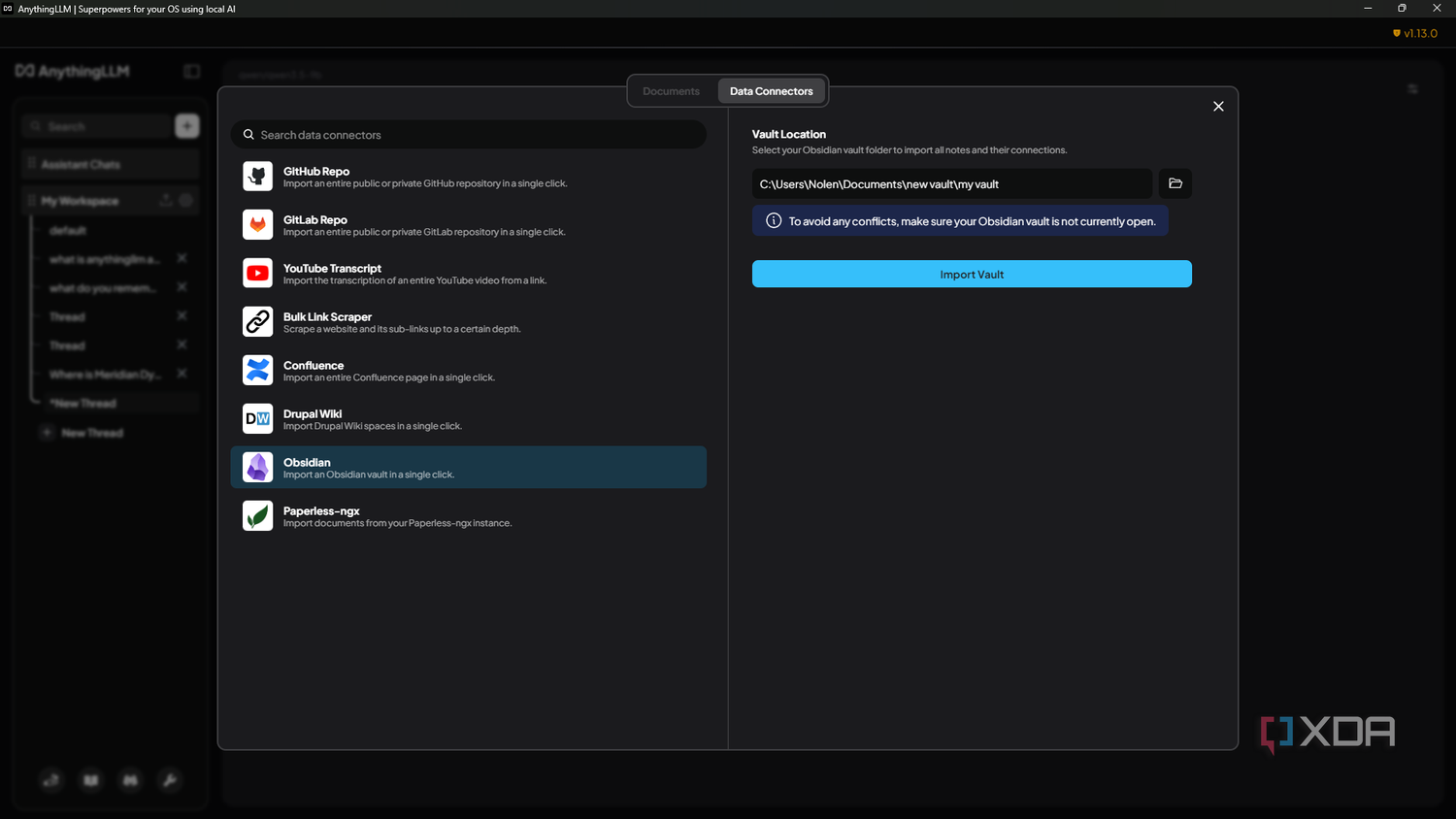 Импорт хранилища Obsidian через AnythingLLM importing obsidian vault via anythingllm data connector