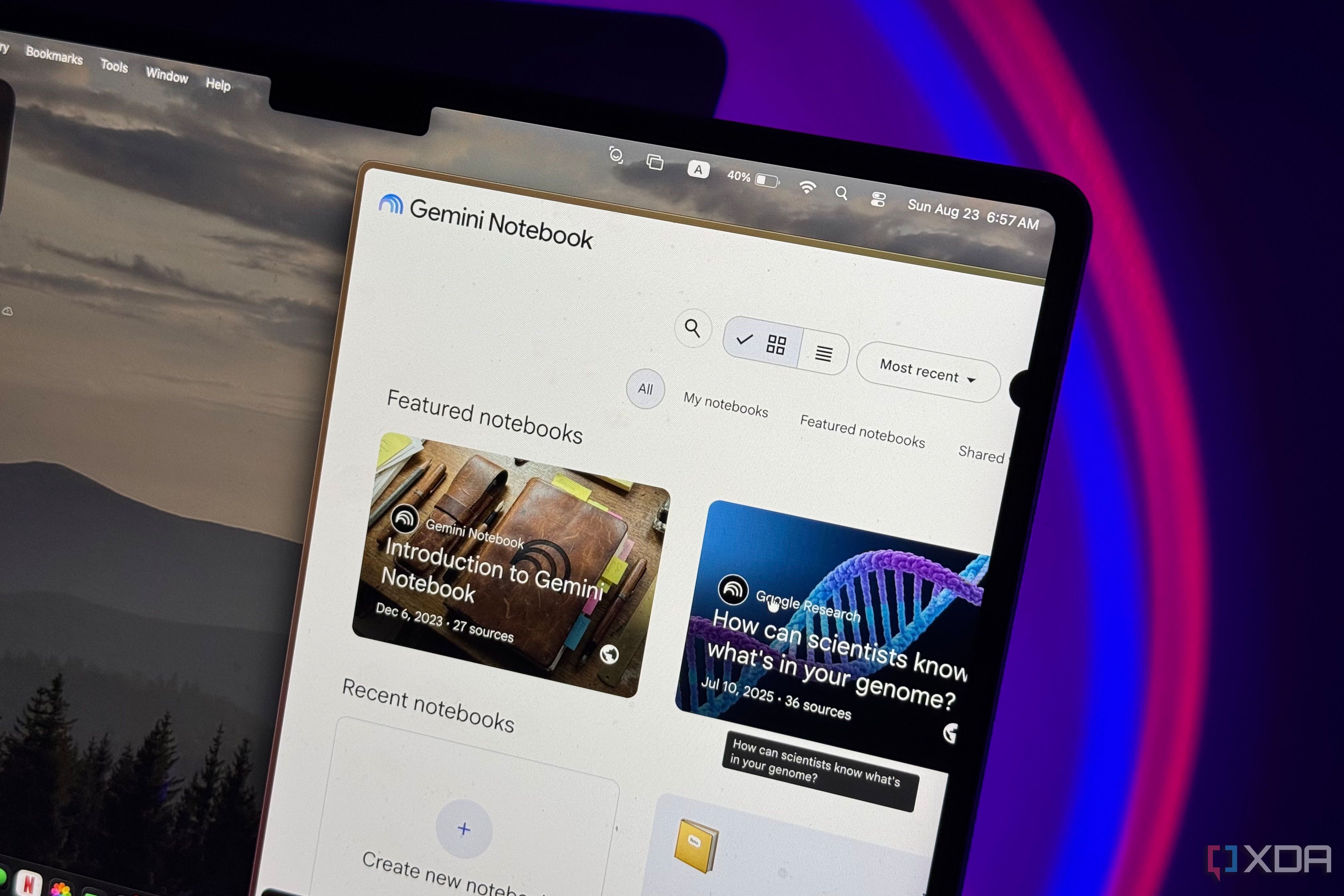 iPad screen showing Gemini Notebook home with featured and recent notebooks