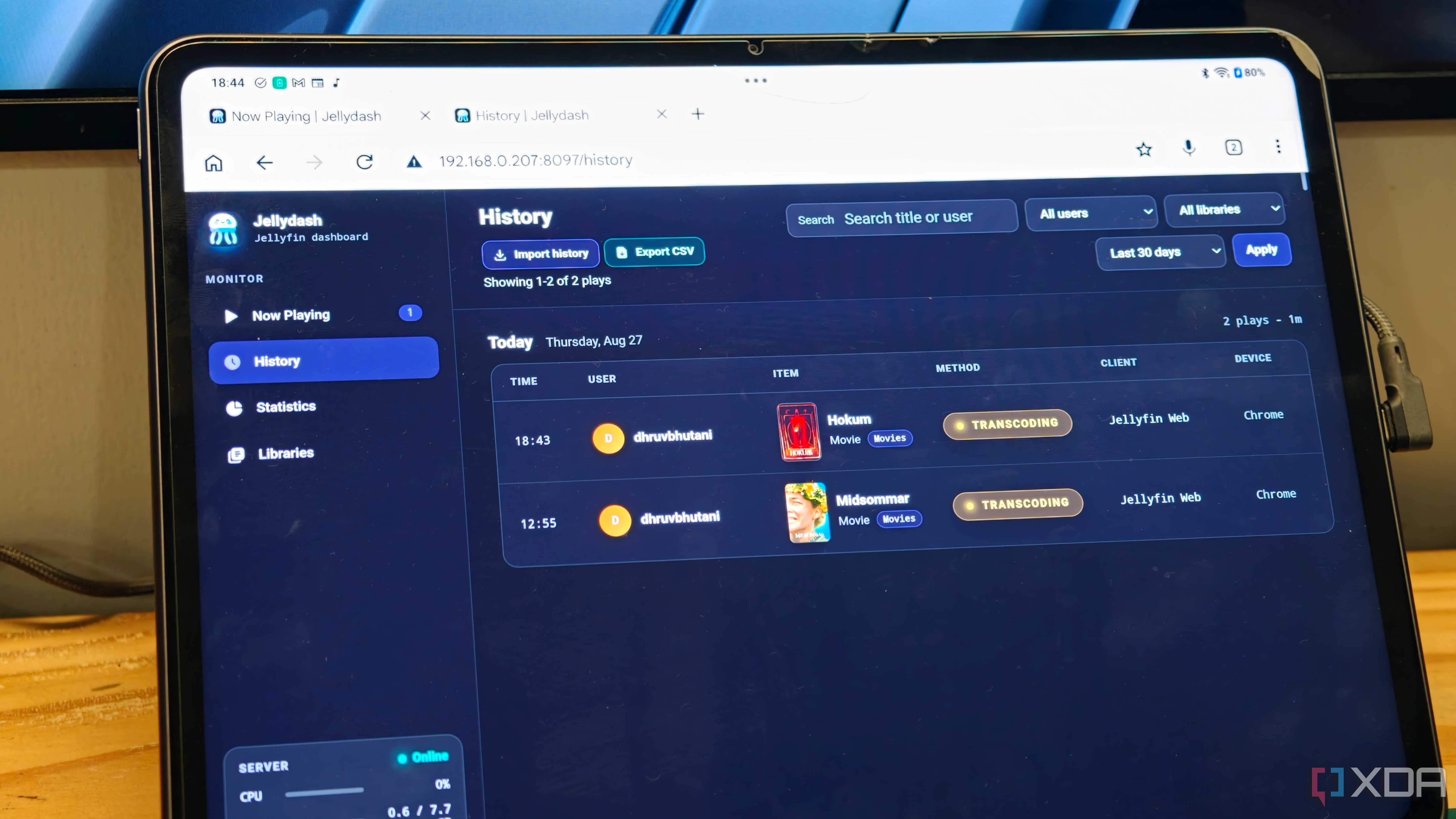 Jellydash history on Android tablet