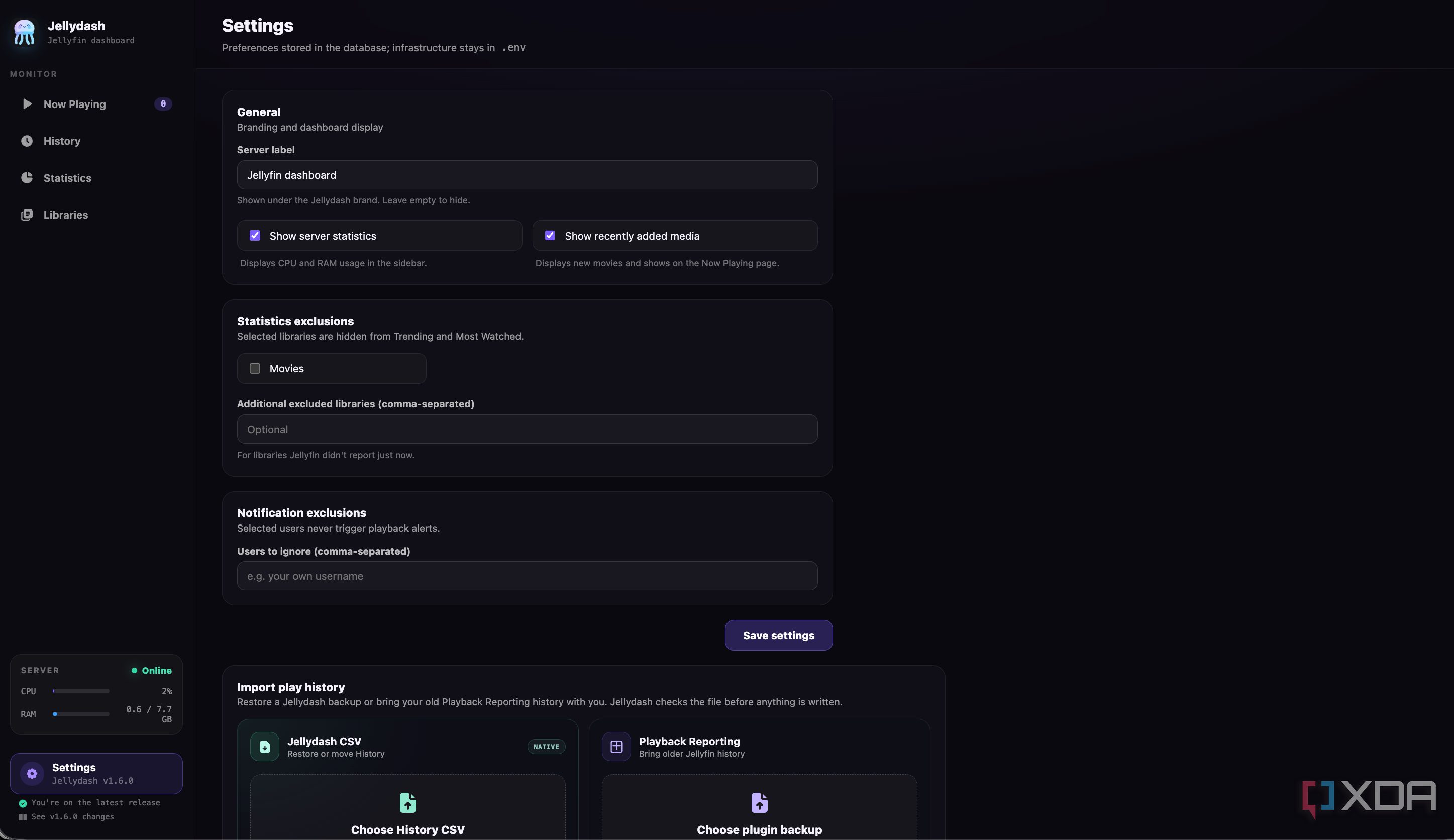 jellydash settings page