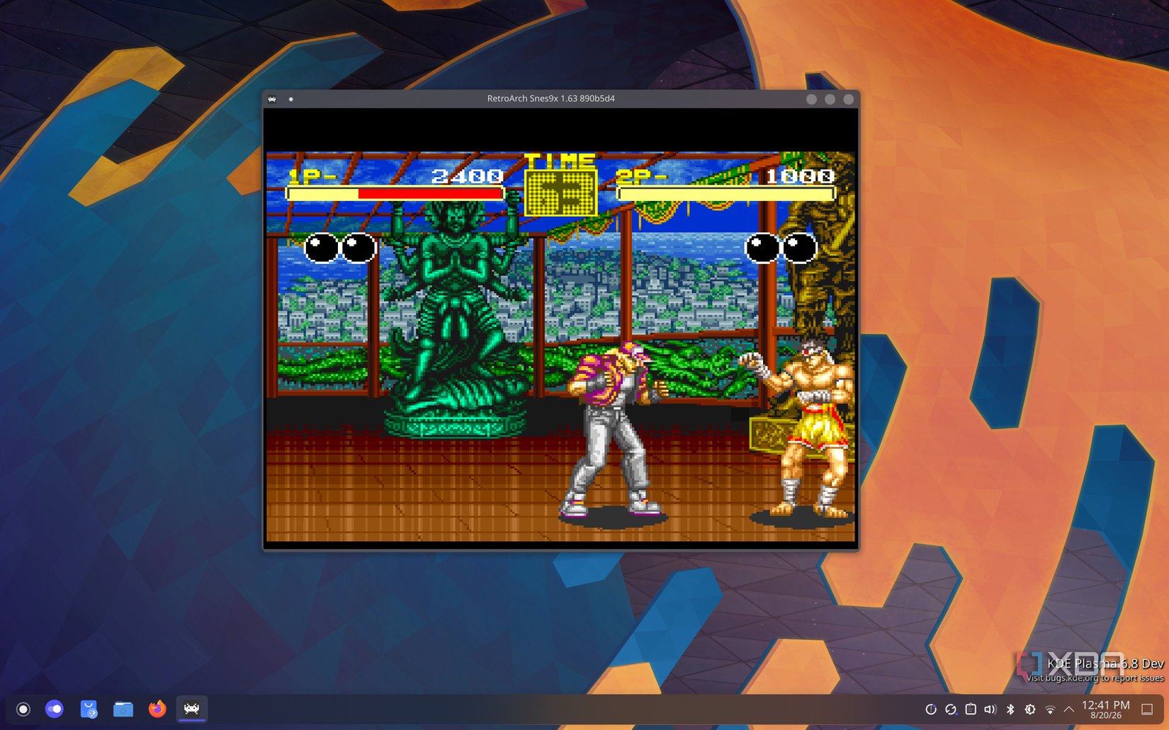 Screenshot of RetroArch on Linux running King of Fighters to play a two-player match