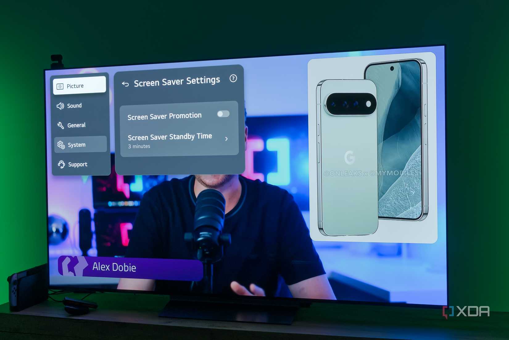 An LG TV displaying settings for the screen saver, showing Screen Saver Promotion is turned off