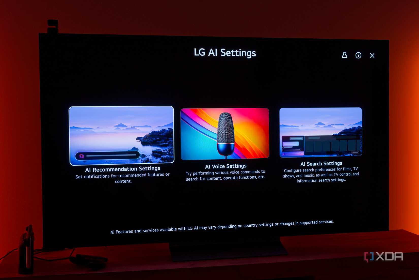 An LG webOS TV showing  various AI-related settings