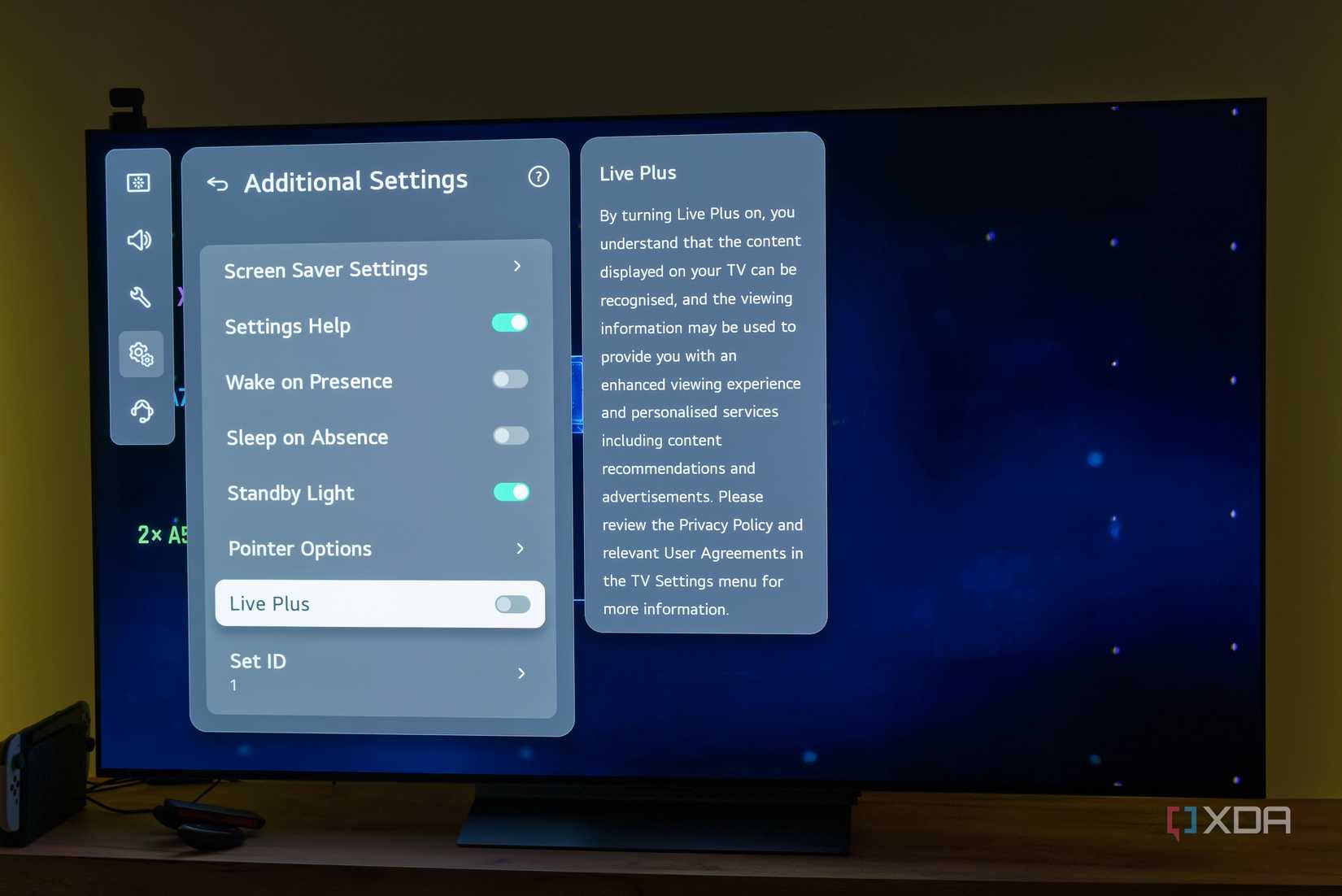 An LG TV showing the settings menu with the Live Plus feature disabled