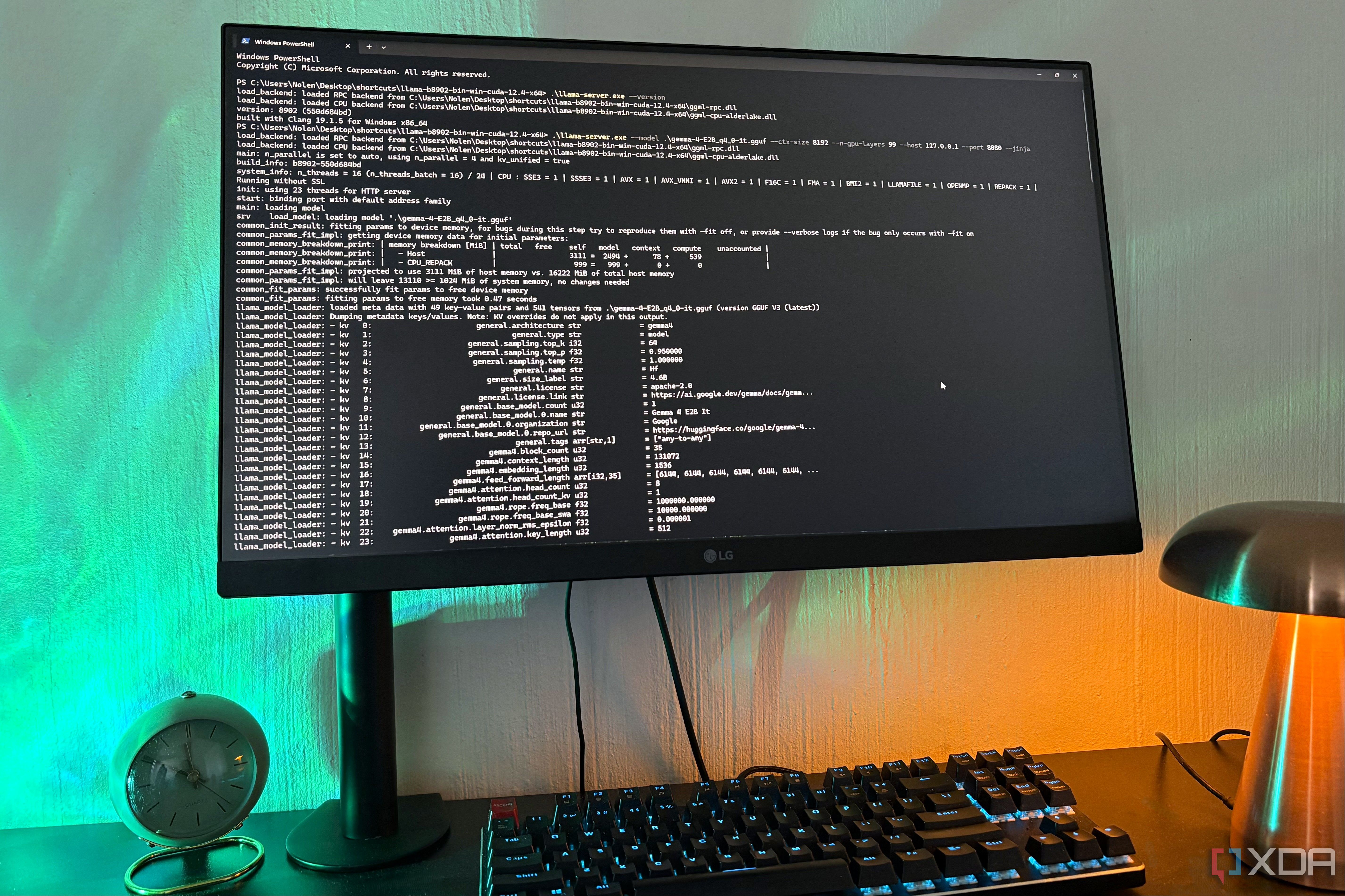 llama.cpp instance in windows on desktop pc, lamp and clock in view