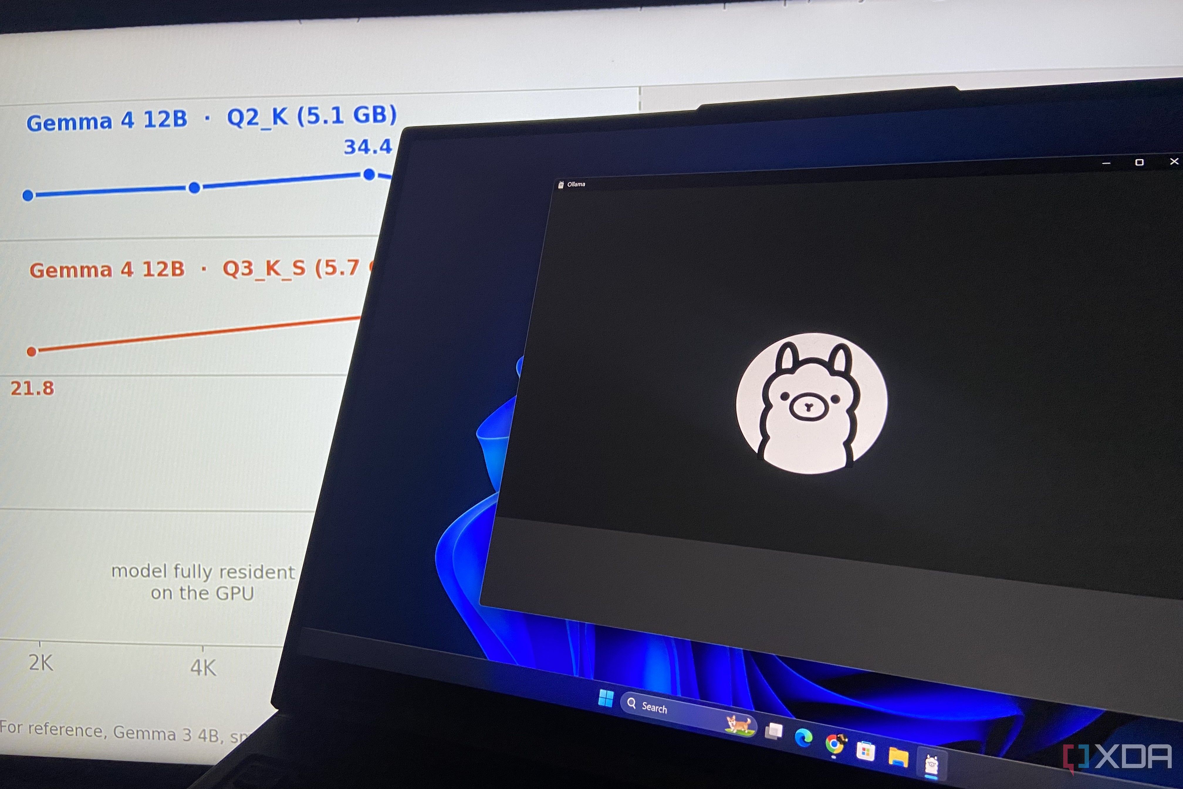 Ollama running on a Windows 11 laptop with benchmark screen behind it.