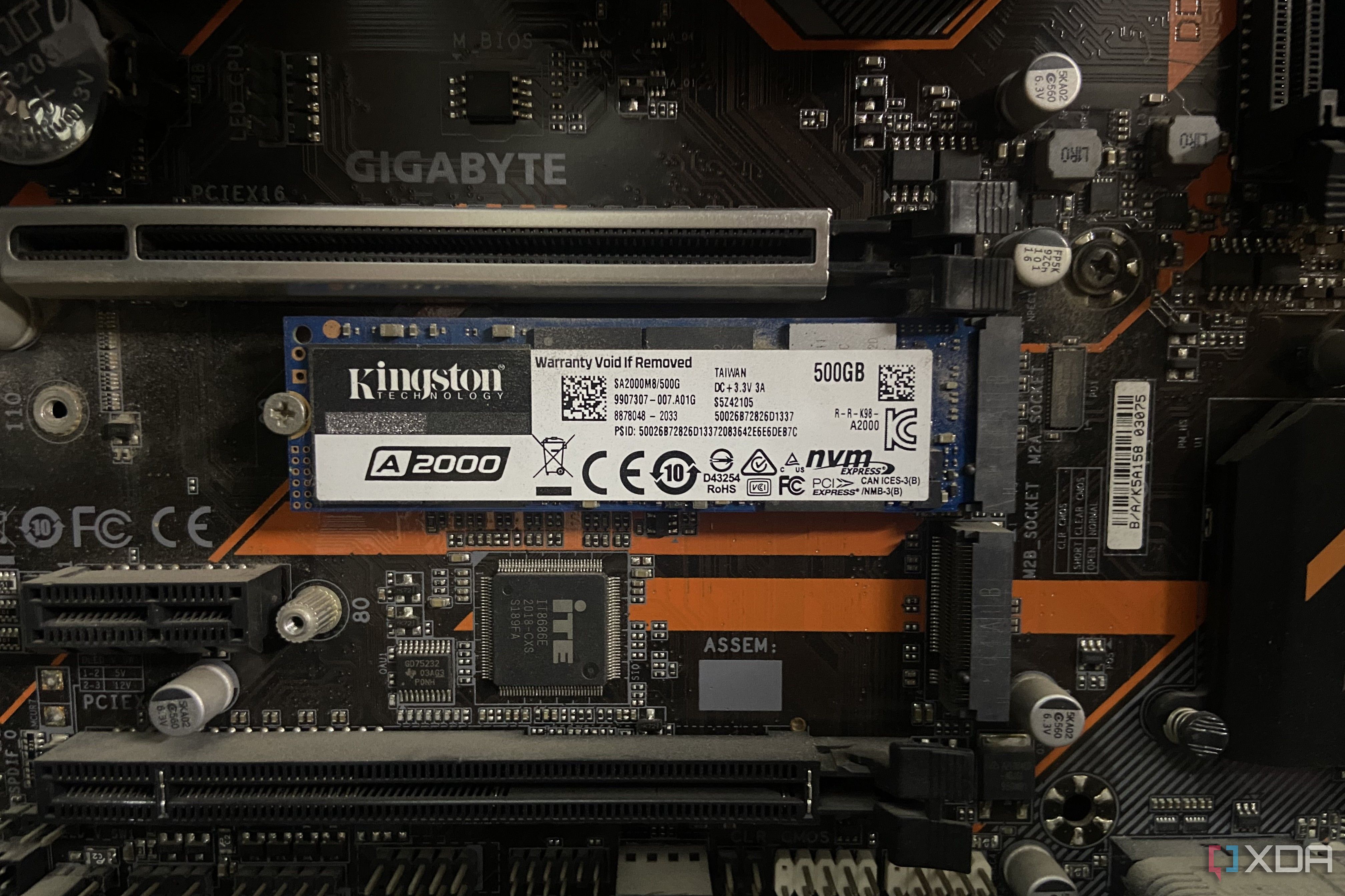 Image of a Kingston SSD slotted in an M.2 port. 