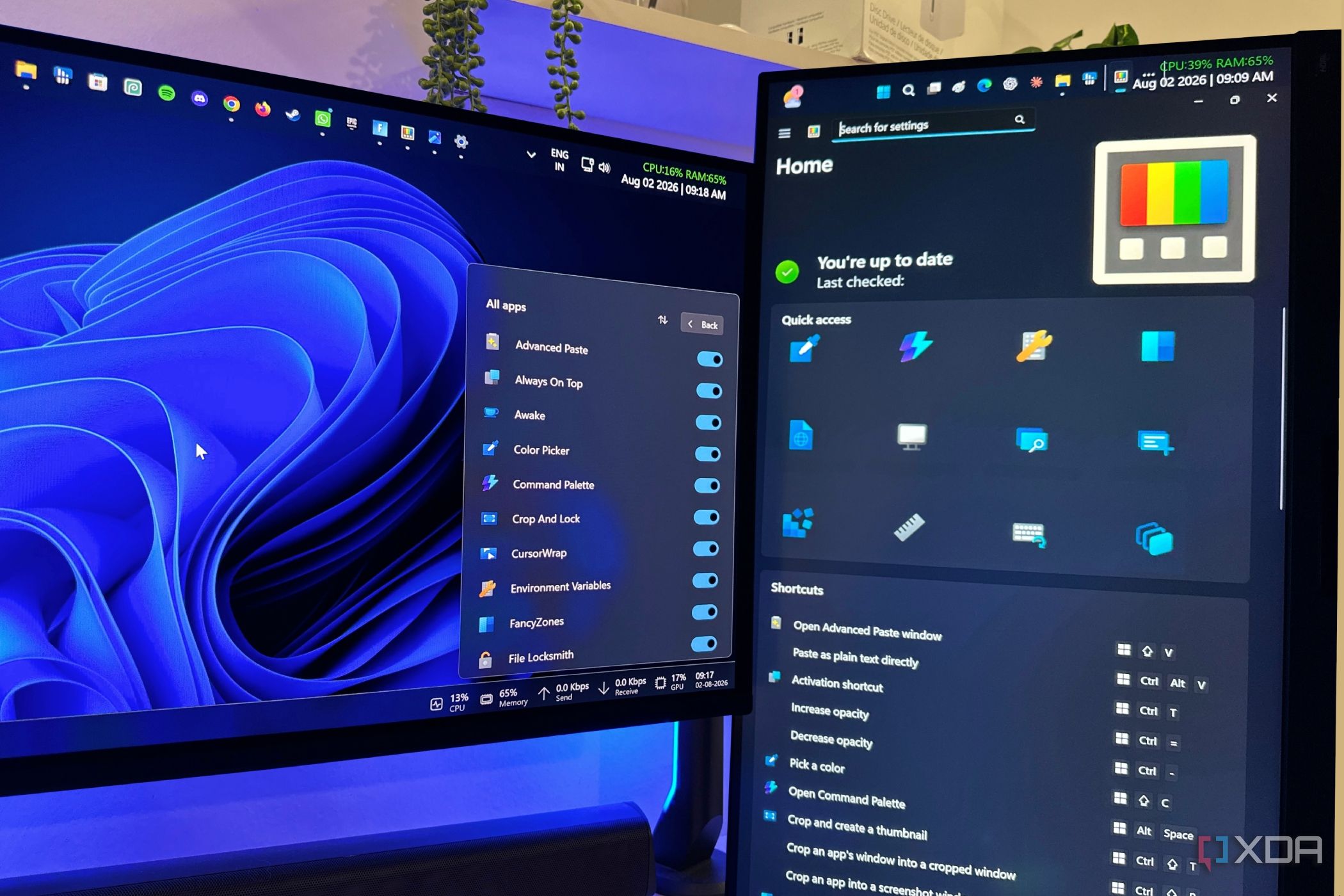 Microsoft PowerToys' settings and flyout on a dual-monitor setup.