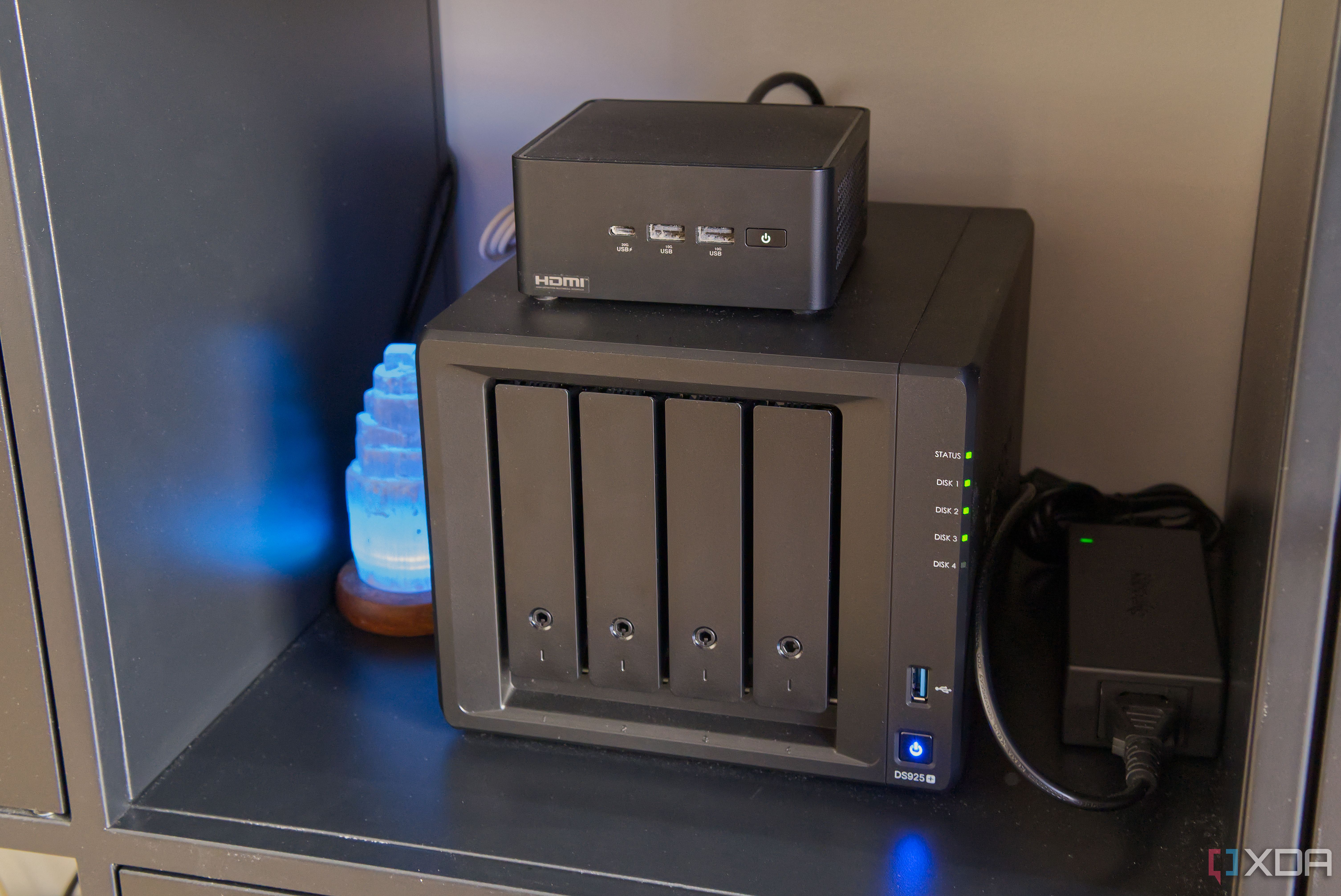 A mini PC on top of a Synology DS925+ NAS