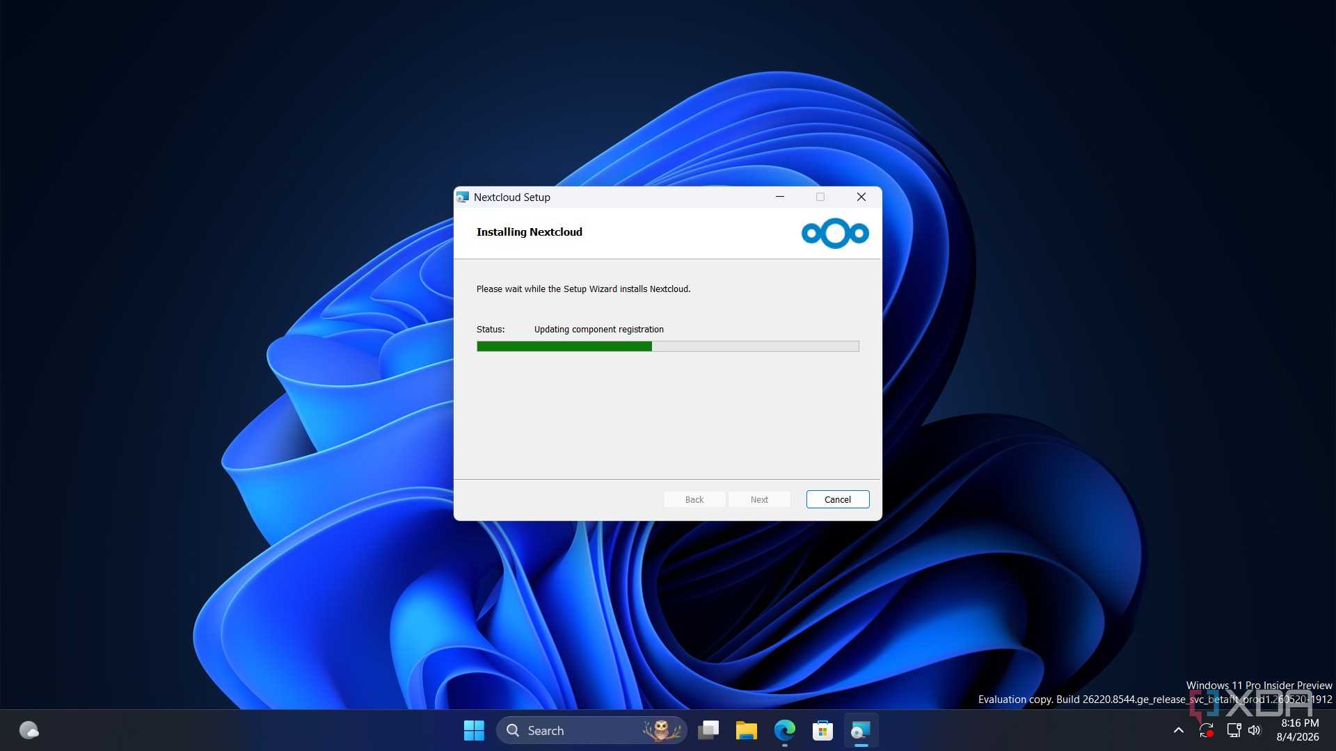 screenshot of nextcloud install progress