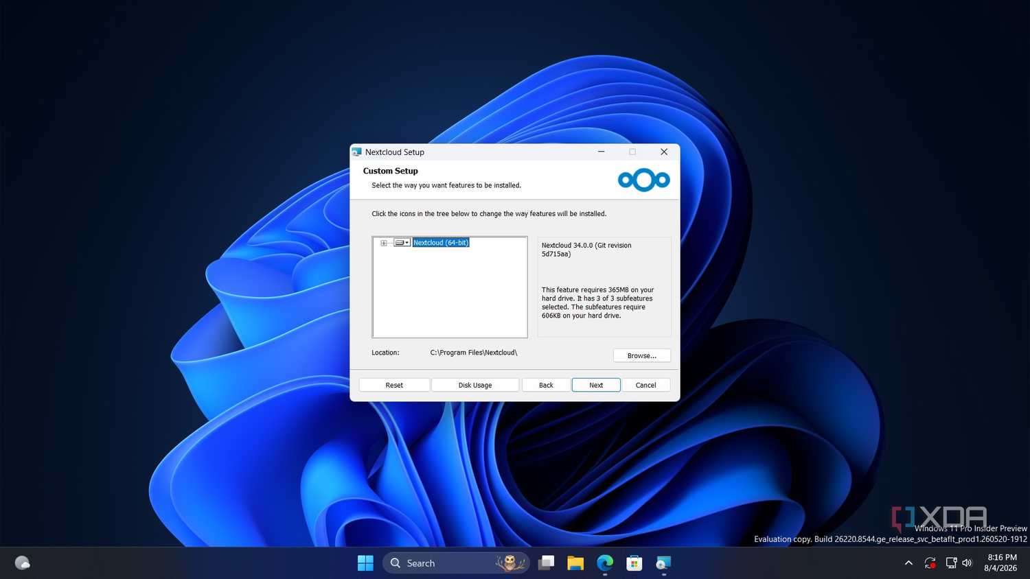 screenshot of nextcloud install