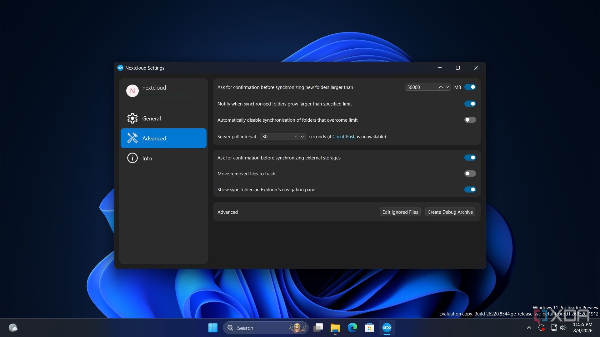 screenshot of nextcloud settigns