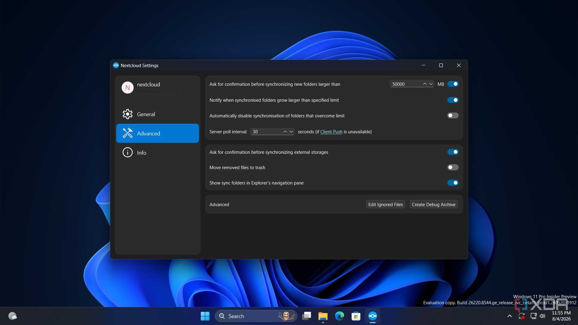 screenshot of nextcloud settigns