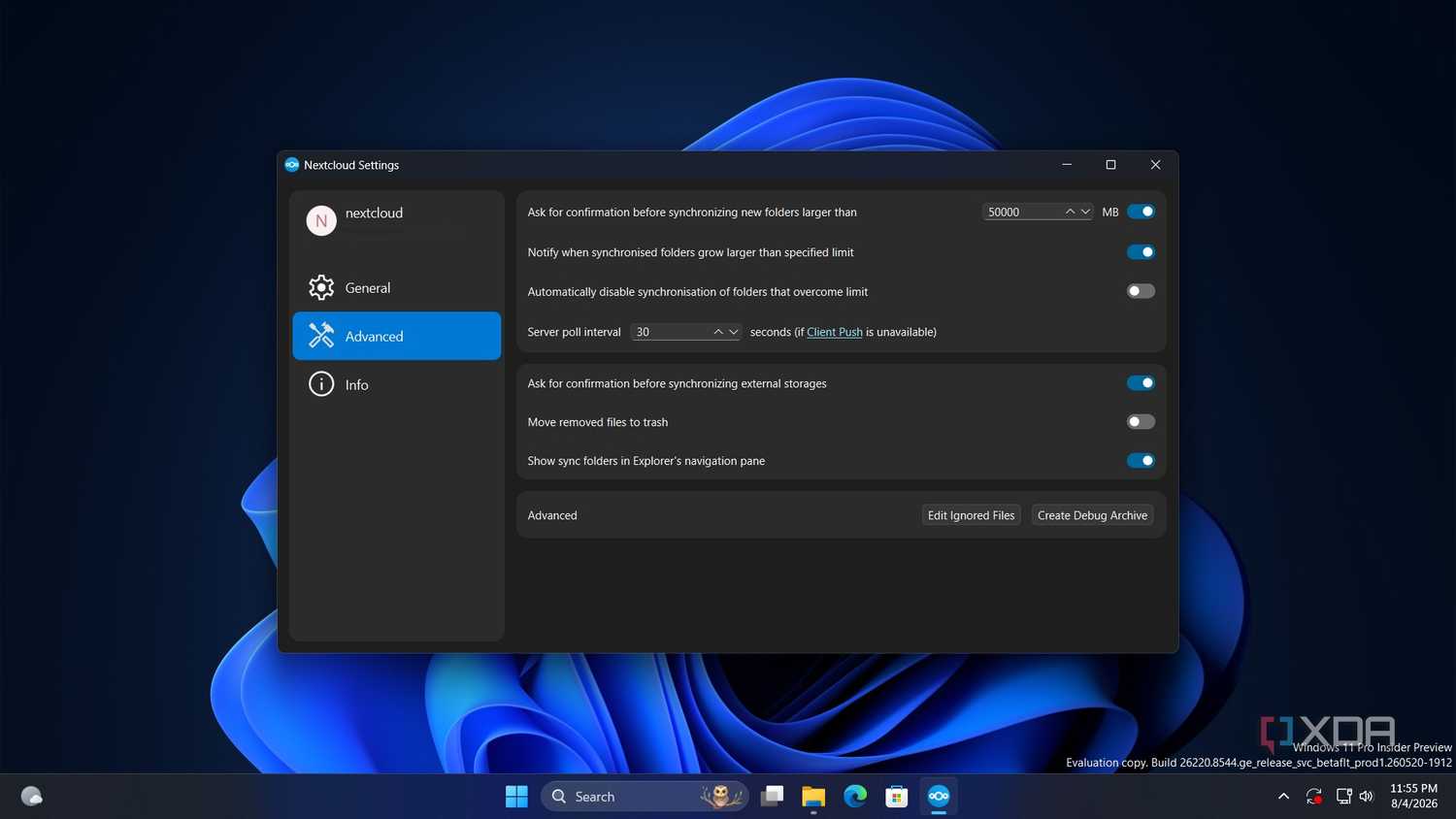 screenshot of nextcloud settigns