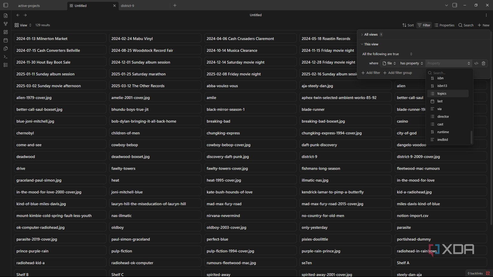 obsidian bases filter picking a property with isbn director cast runtime options