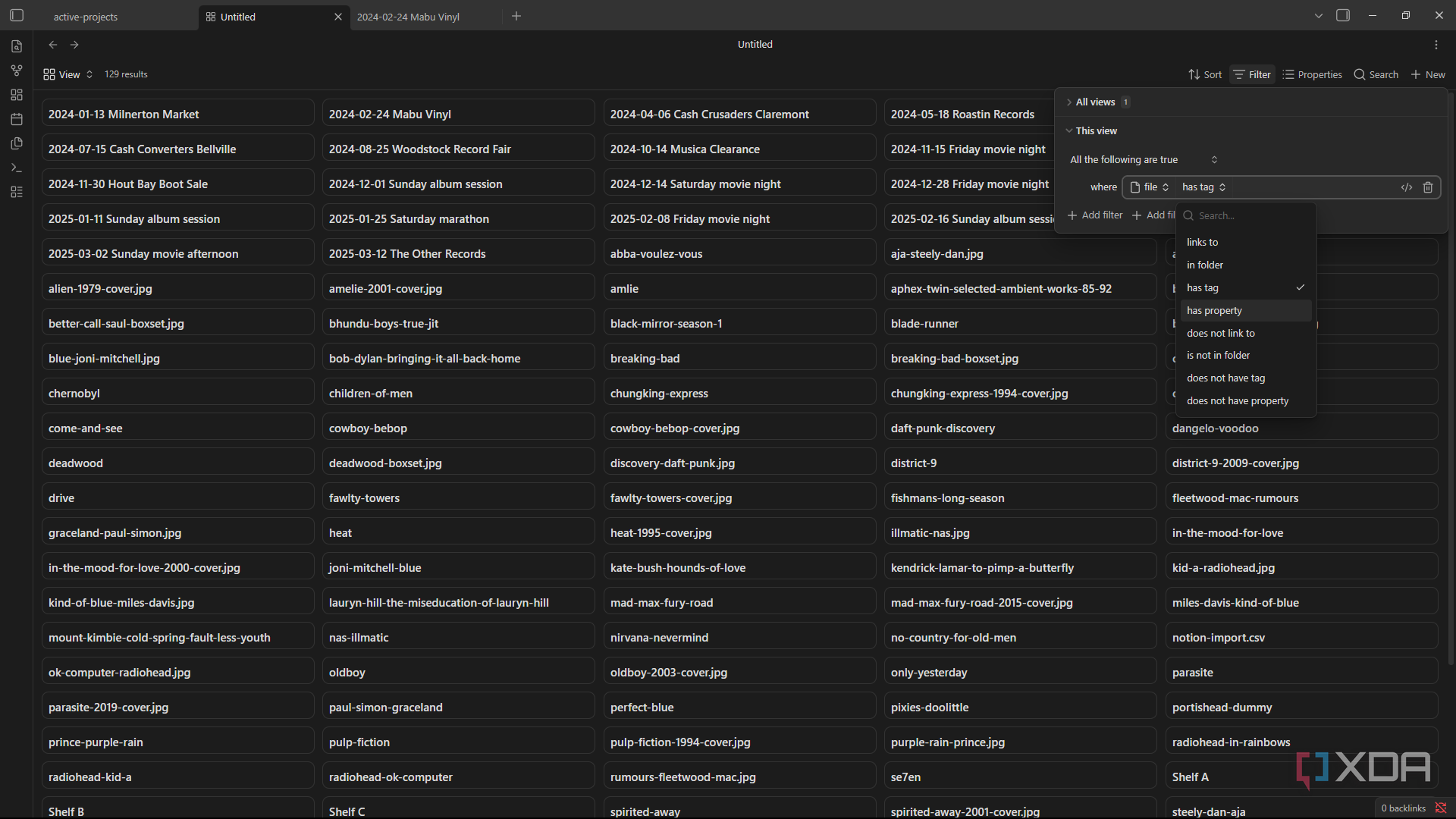 obsidian bases filter type picker with has tag and folder options