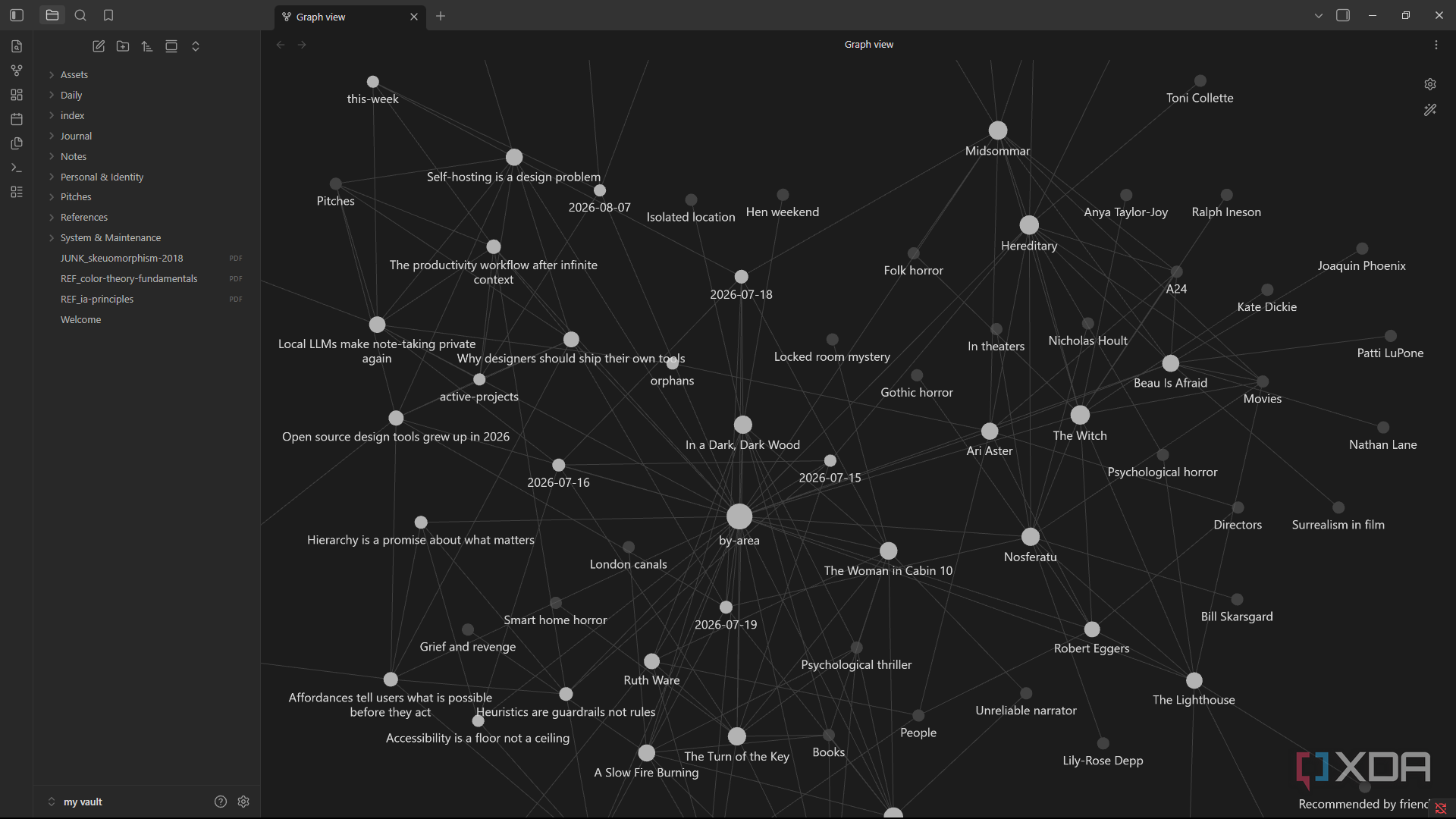 obsidian graph view of my vault with pitches-and-horror-movies