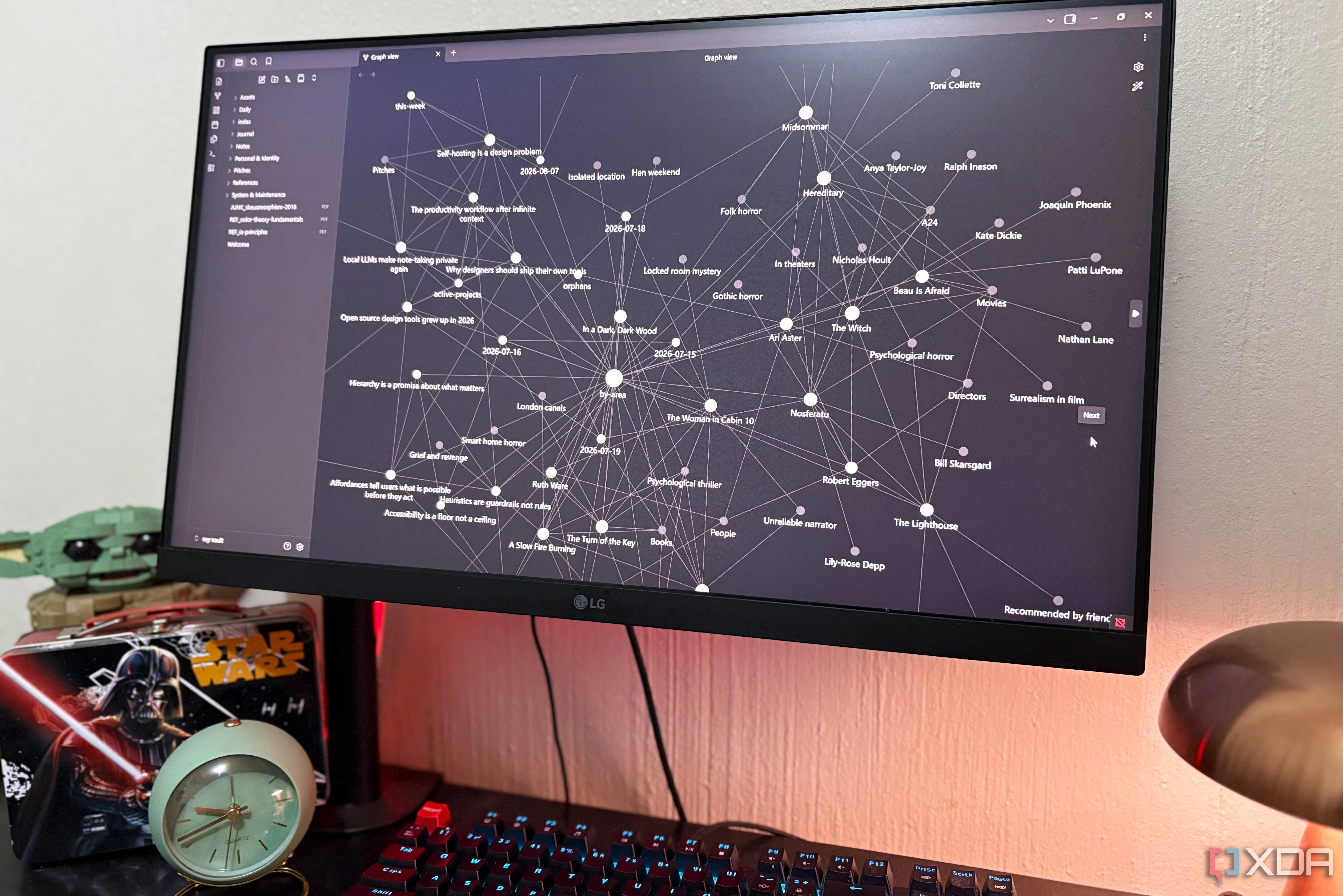 obsidian graph view on desktop pc, lego and lamp in view