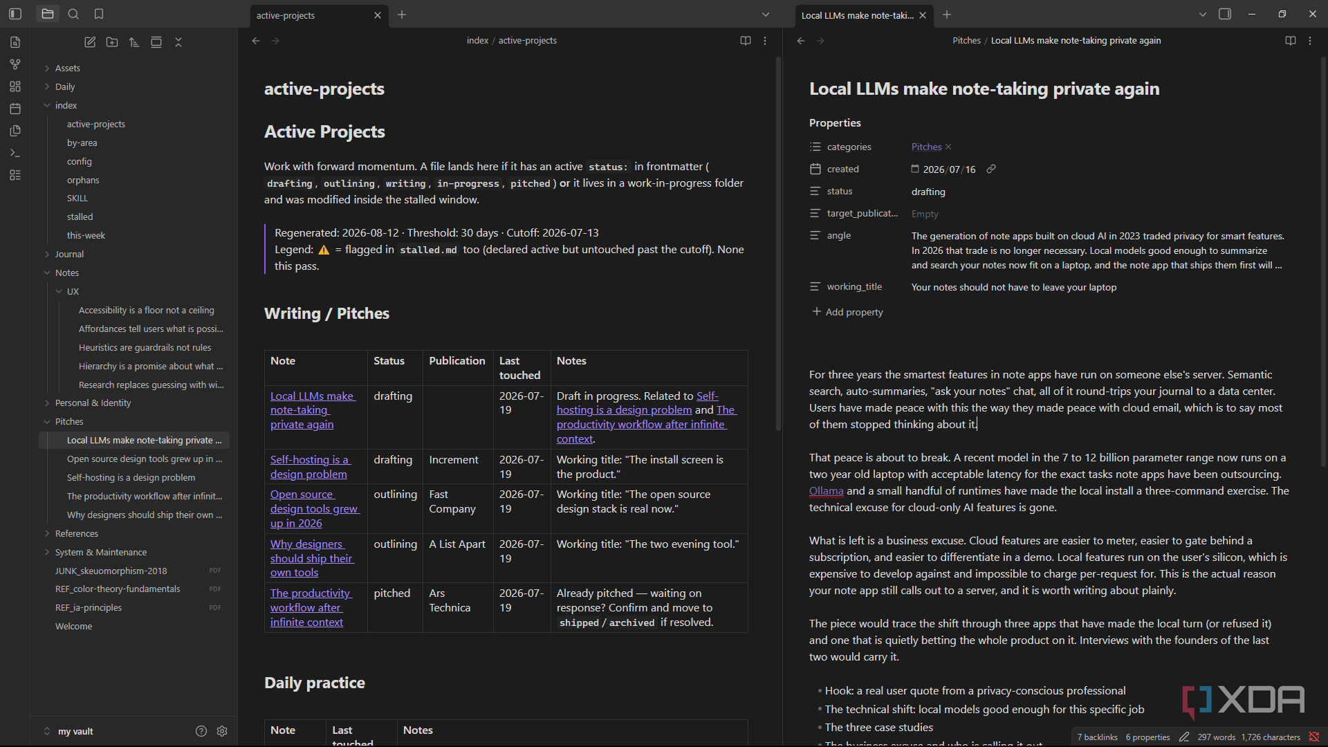 obsidian split view active projects dashboard with local llms pitch