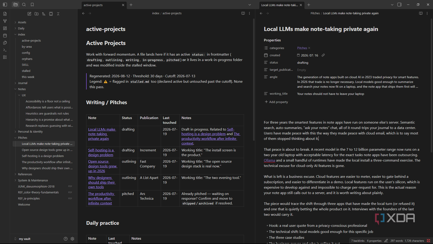 Панель активных проектов в режиме раздельного экрана obsidian split view active projects dashboard with local llms pitch