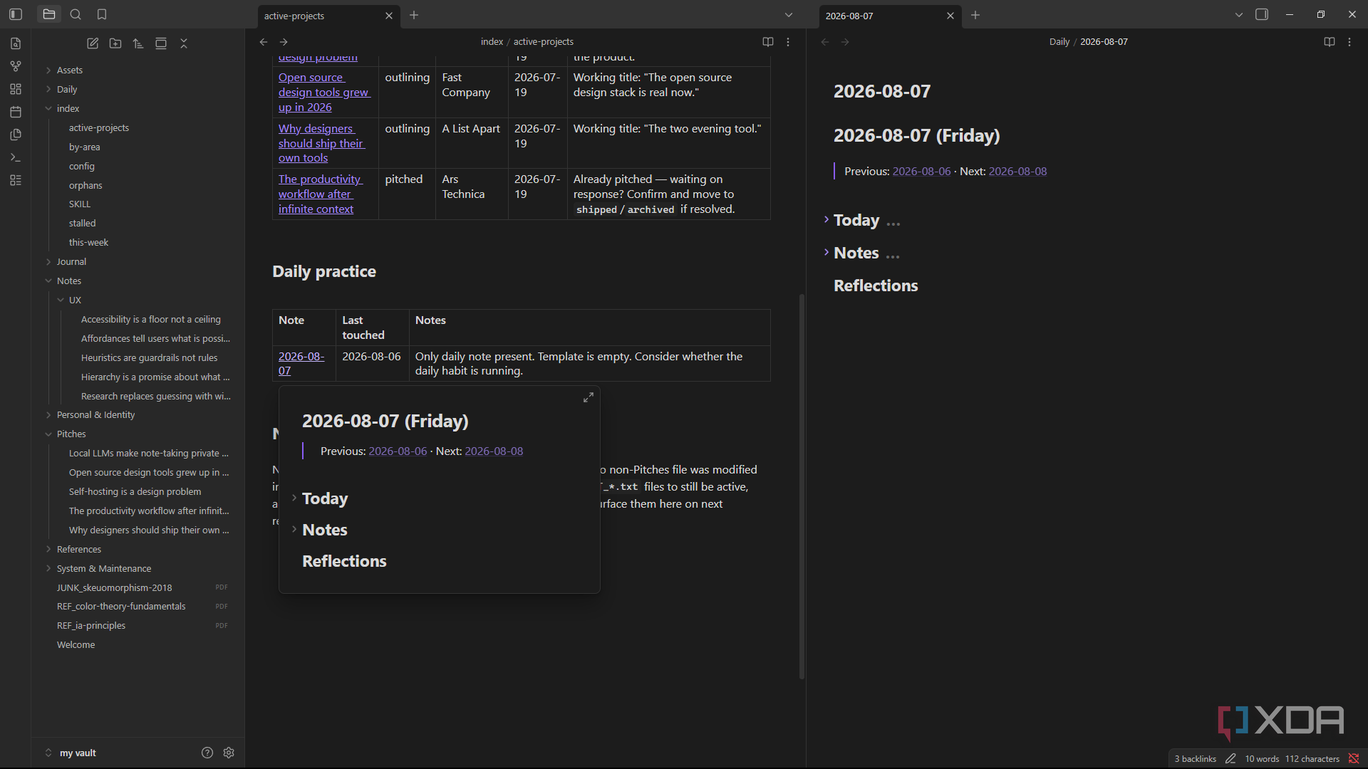 obsidian split view daily practice table with 2026-08-07 template