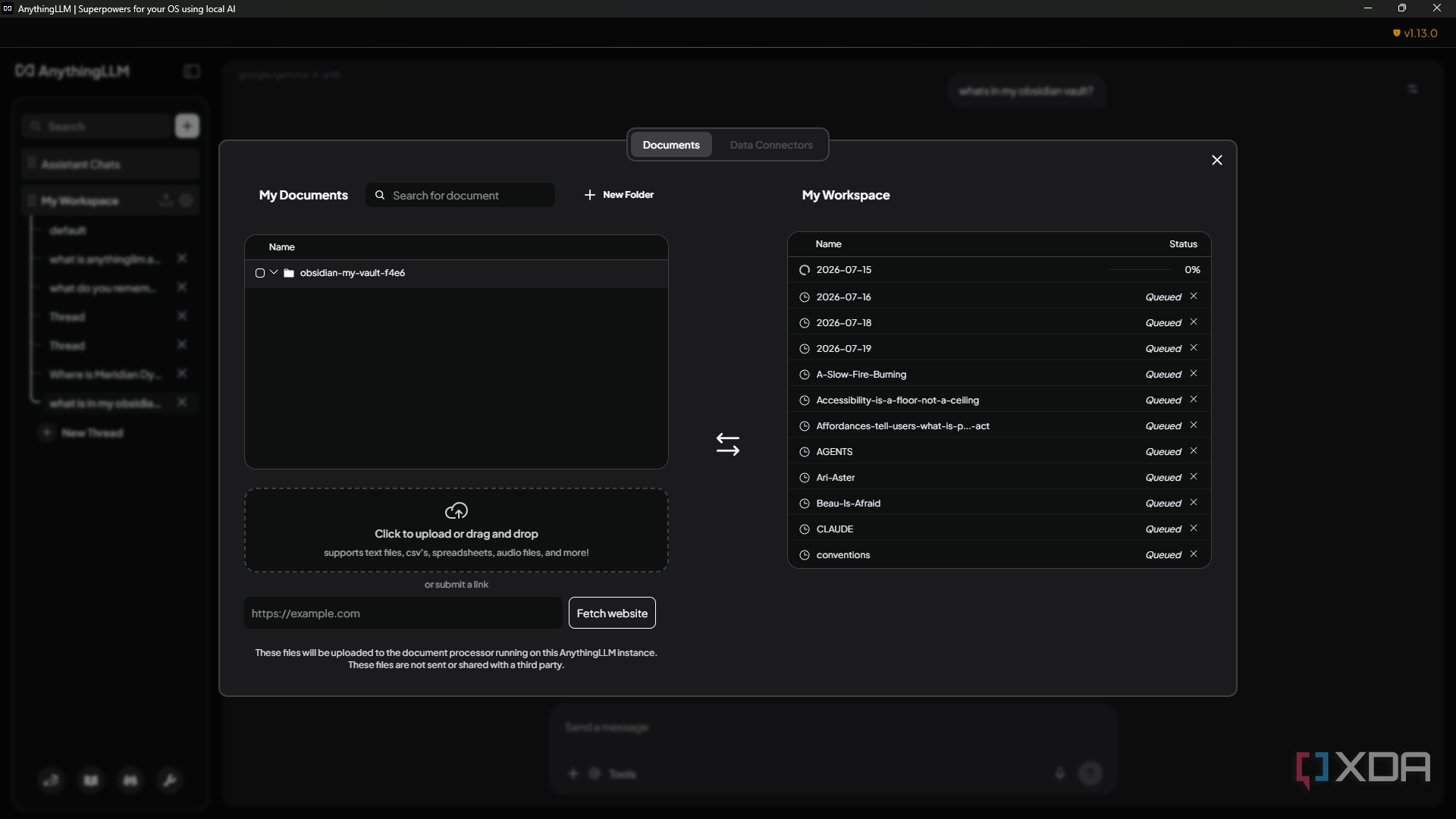 obsidian vault notes queued for embedding in anythingllm
