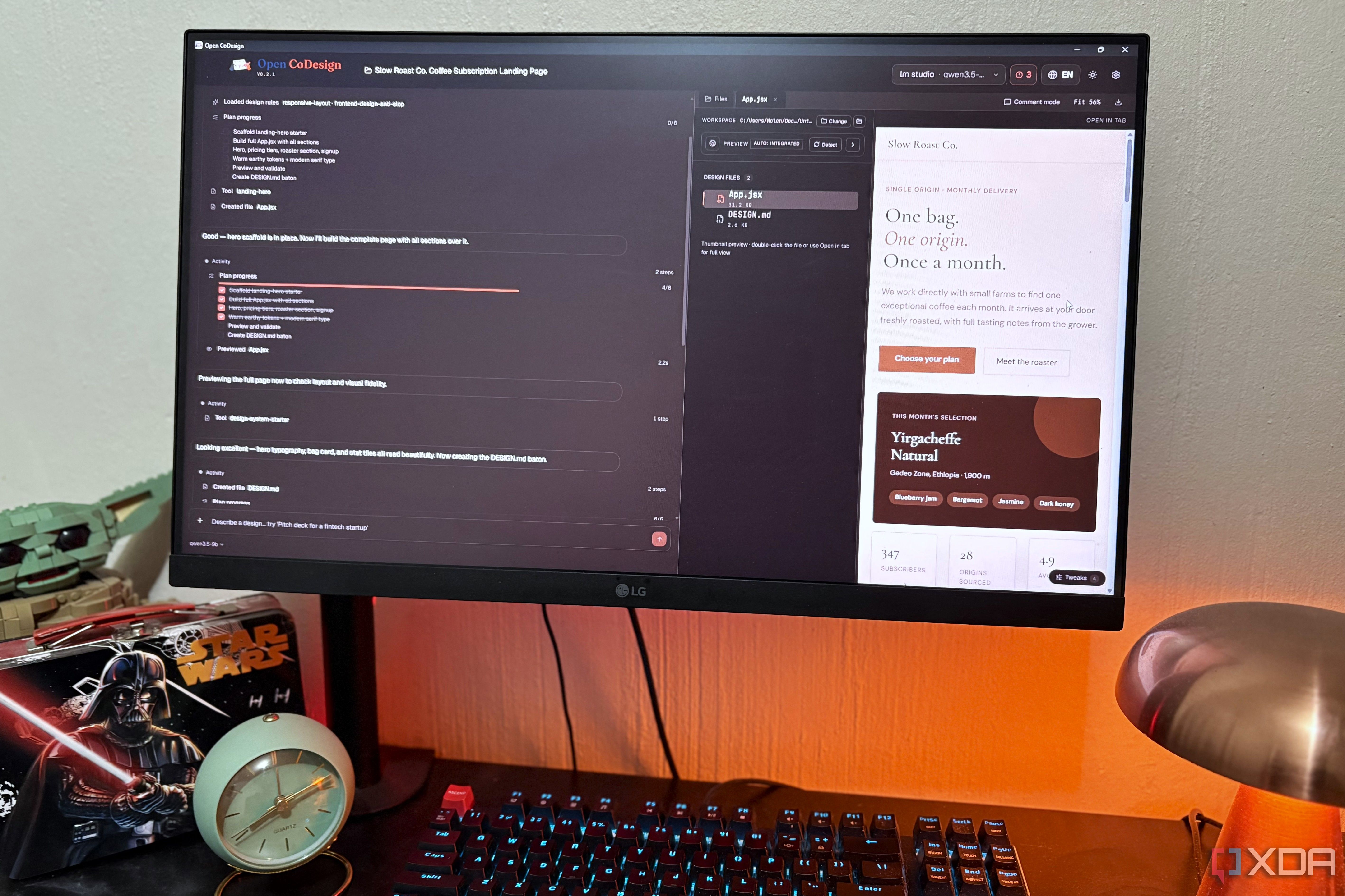 open codesign vibe coding on desktop pc, lego and lamp in view
