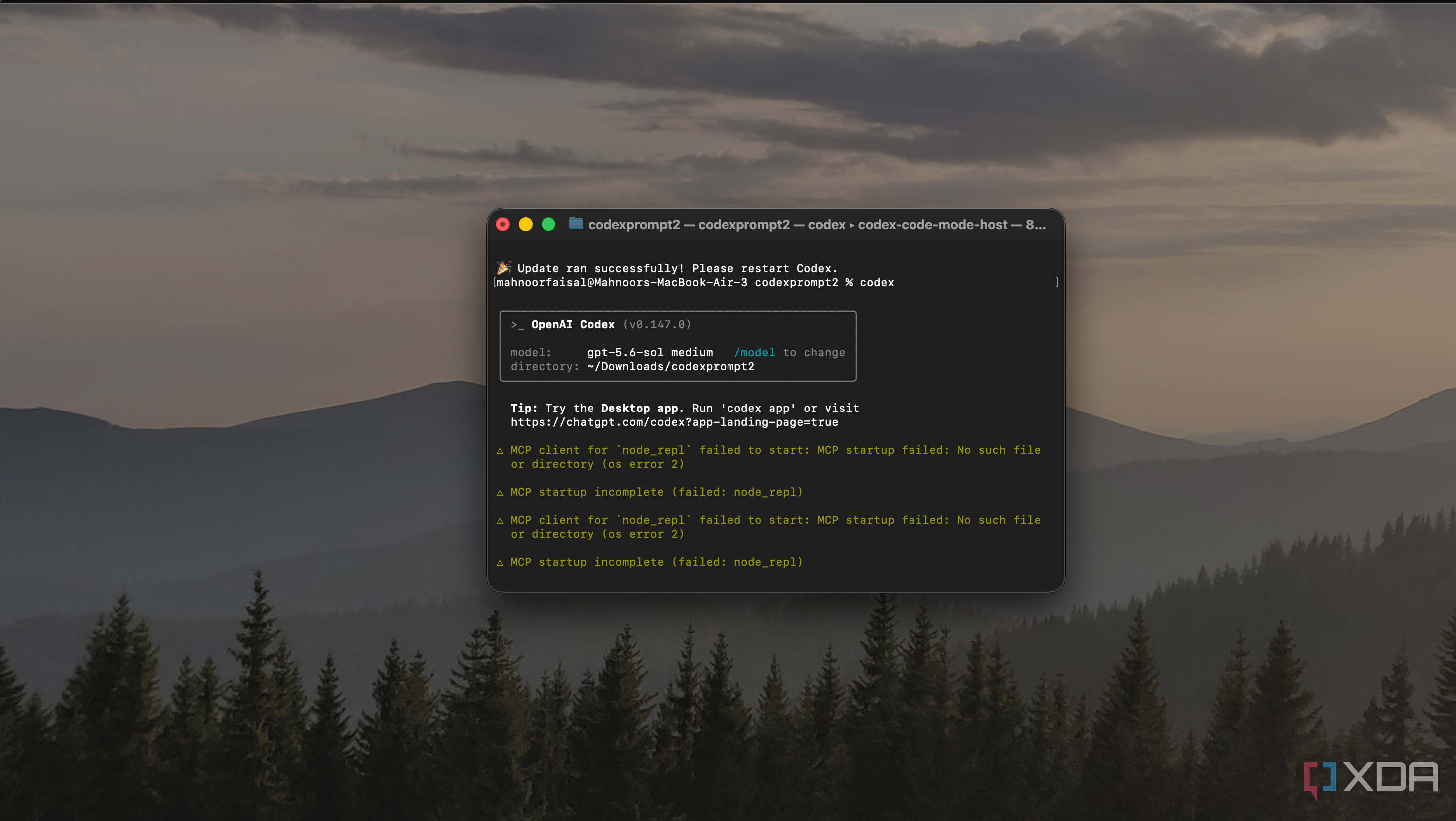 OpenAI Codex CLI startup in Terminal, showing node_repl MCP client failing to start