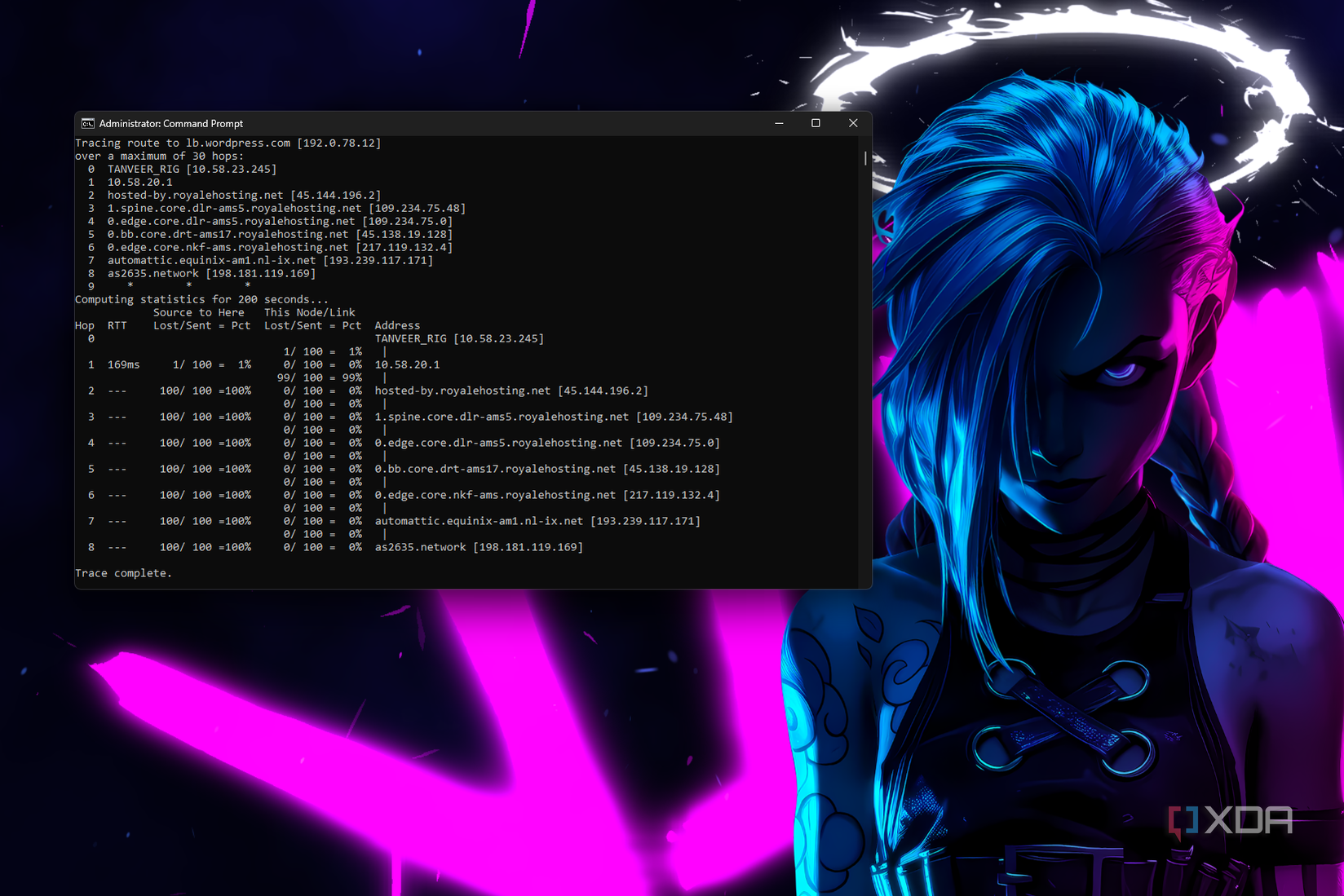 Screenshot of pathping command running in a terminal window