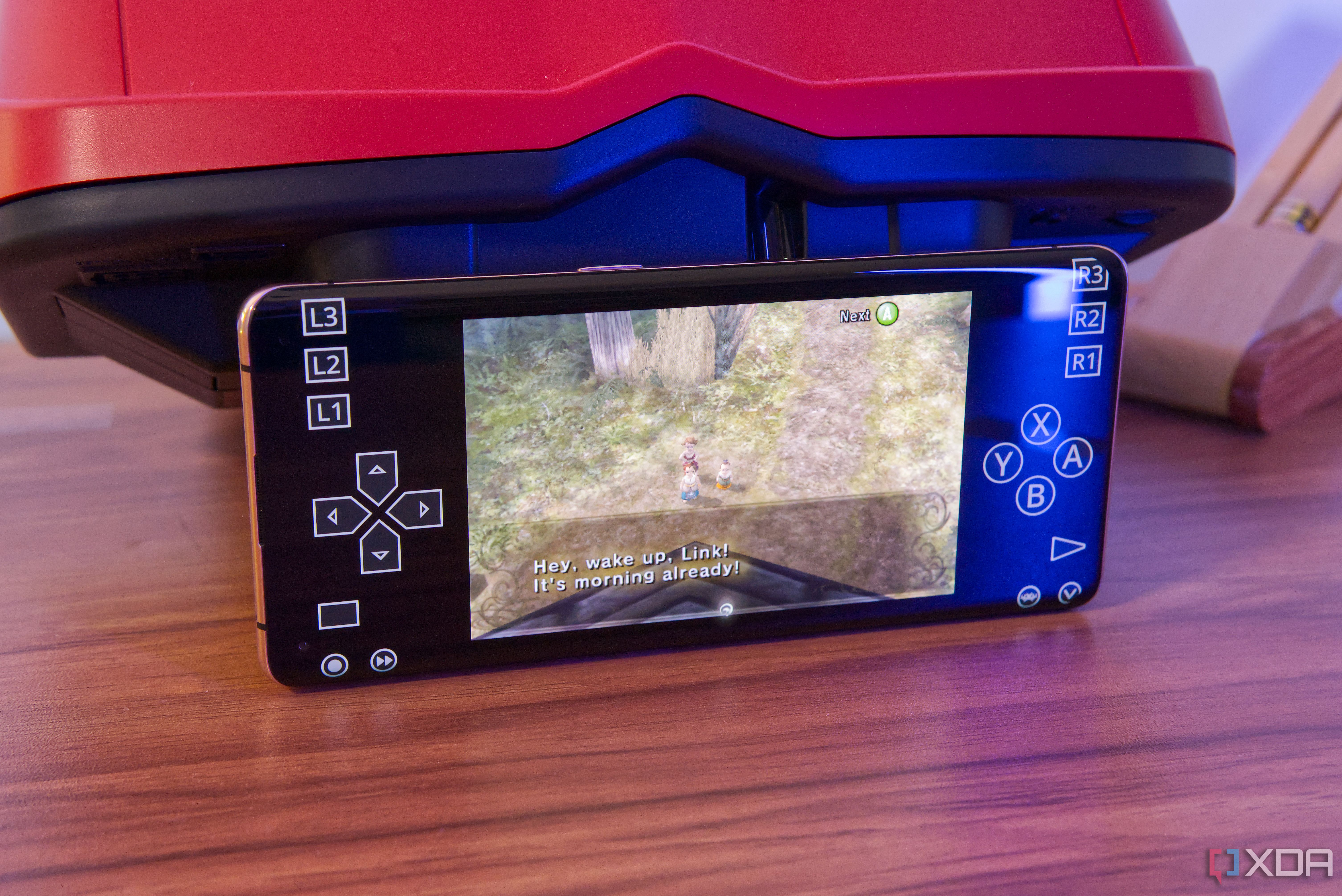 A phone running Zelda Twilight Princess using RetroArch for Android, shwoing on-screen controls