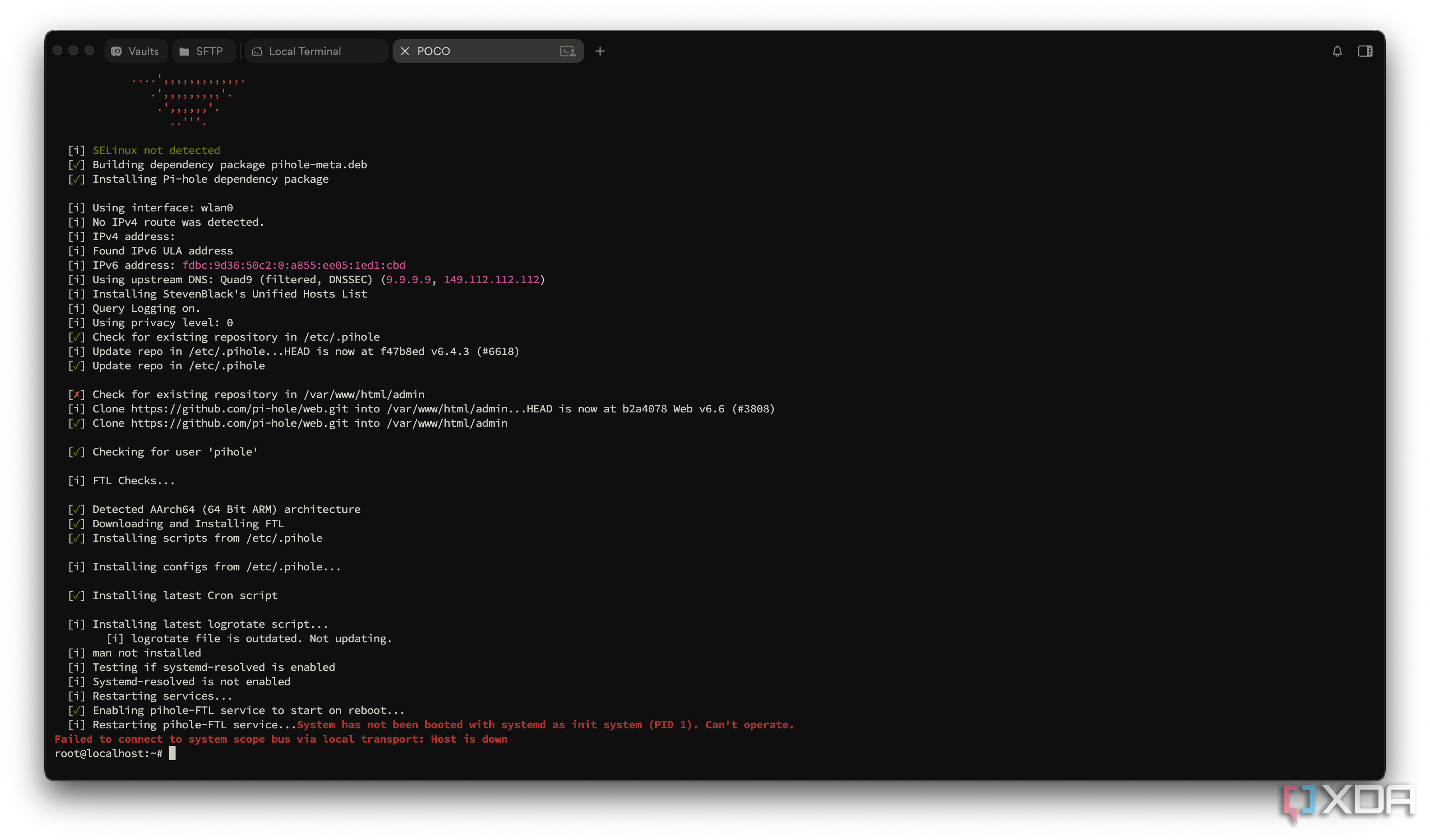 Pi-hole installing successfully, then failing to start FTL without systemd