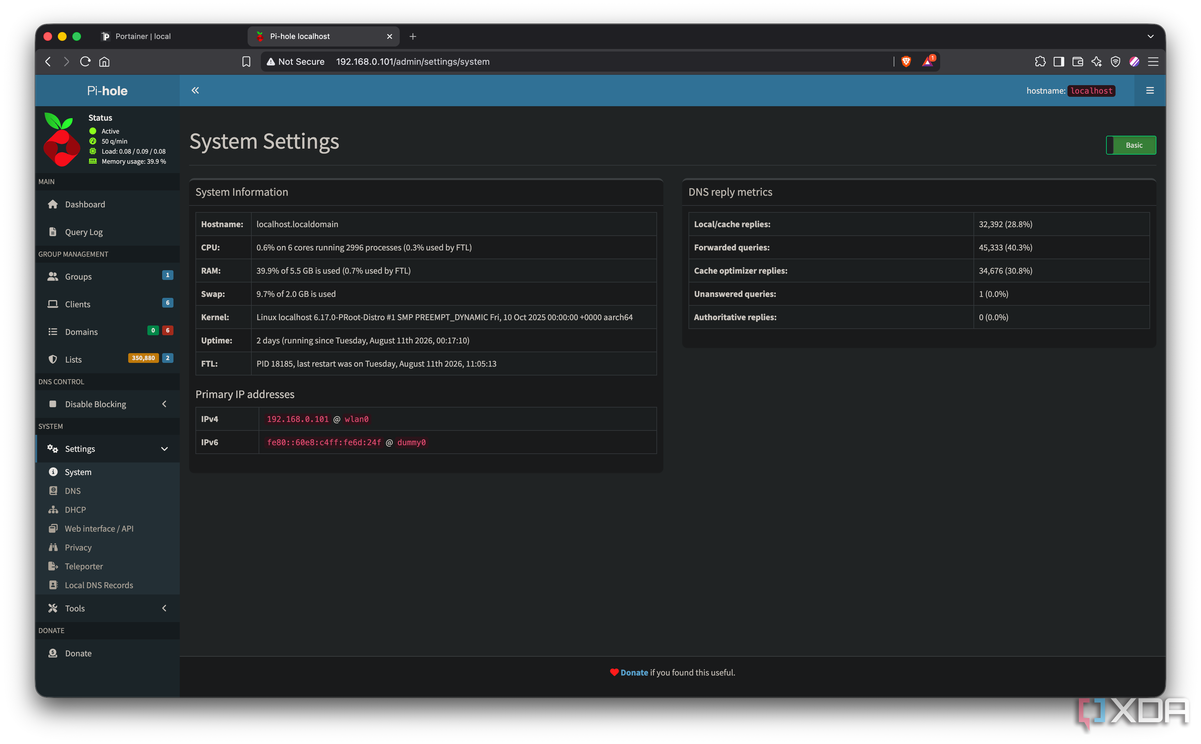 Pi-hole system stats showing uptime and resource usage on the Android phone