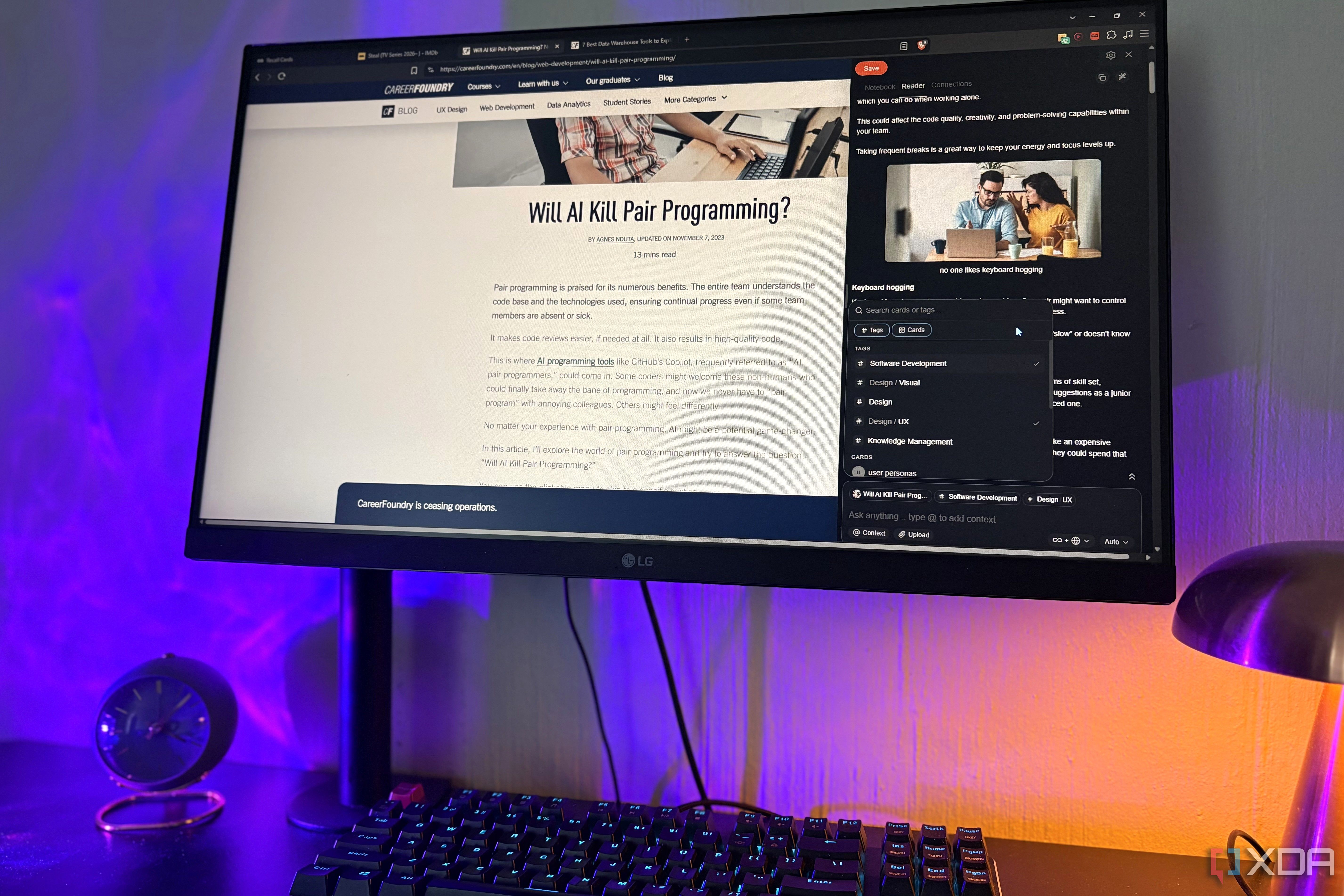 recall ai browser extension on desktop pc, clock and lamp in view