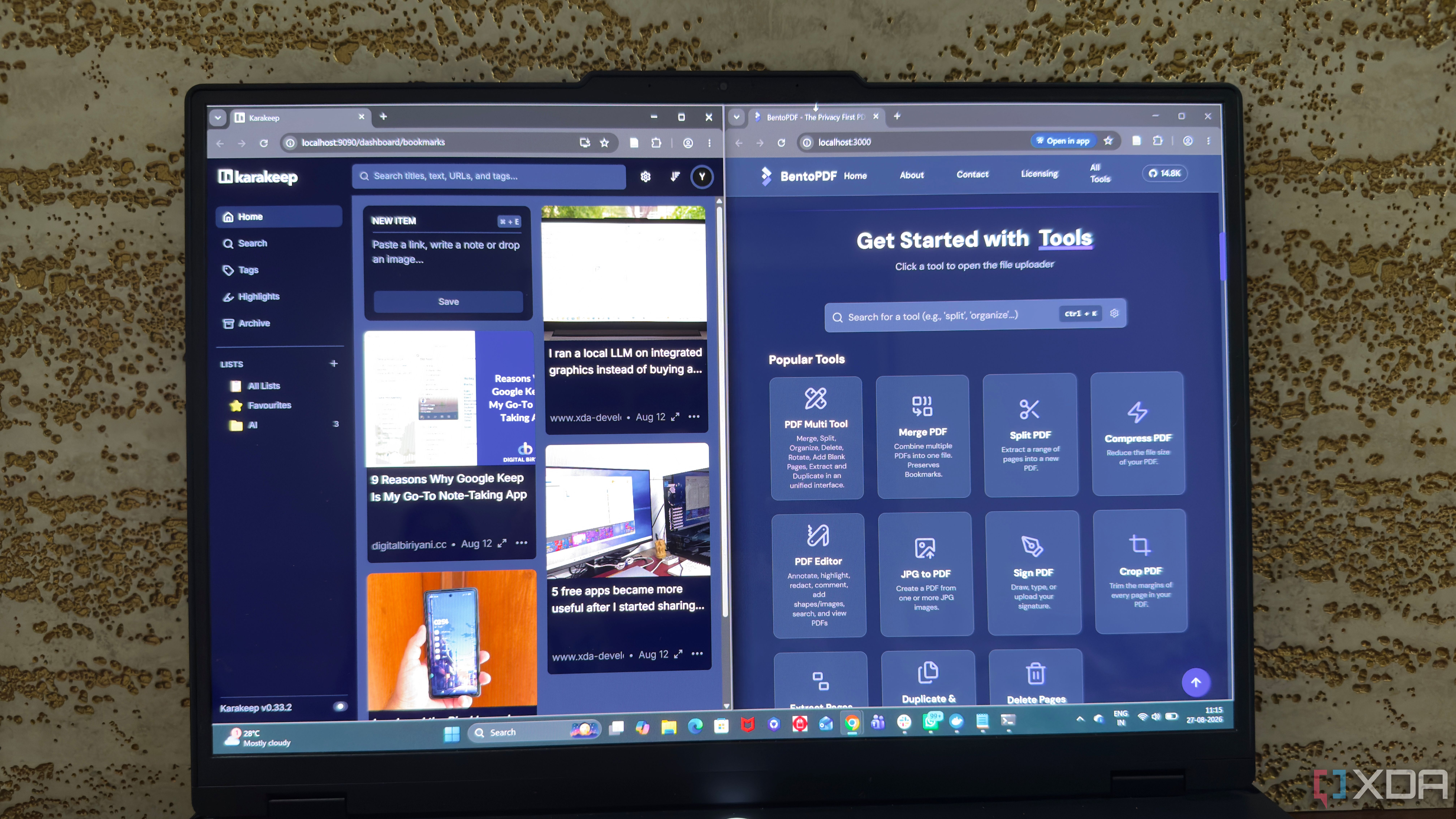 BentoPDF and Karakeep open on Windows 11
