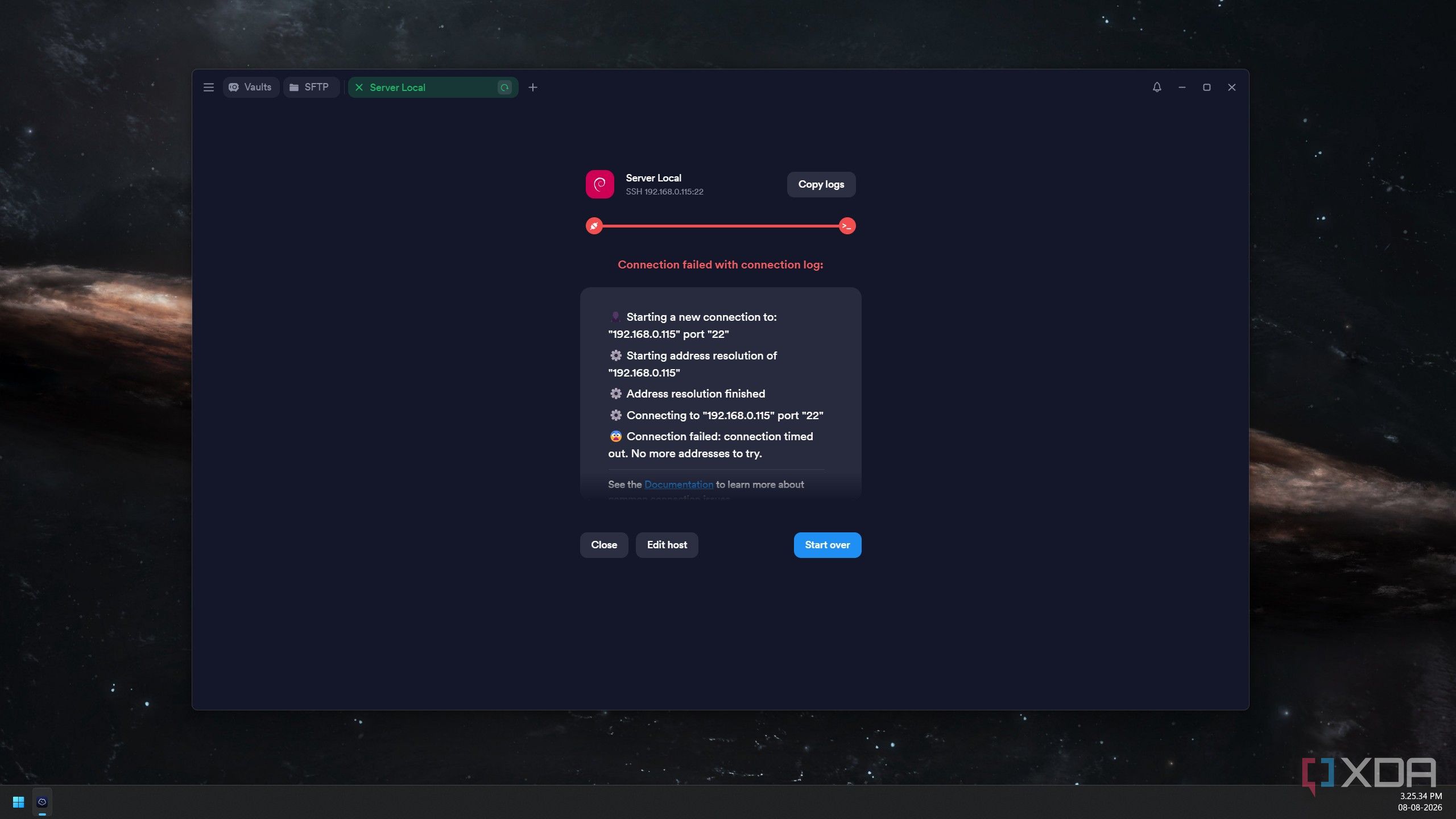 Termius showing a failed SSH connection with a timeout error