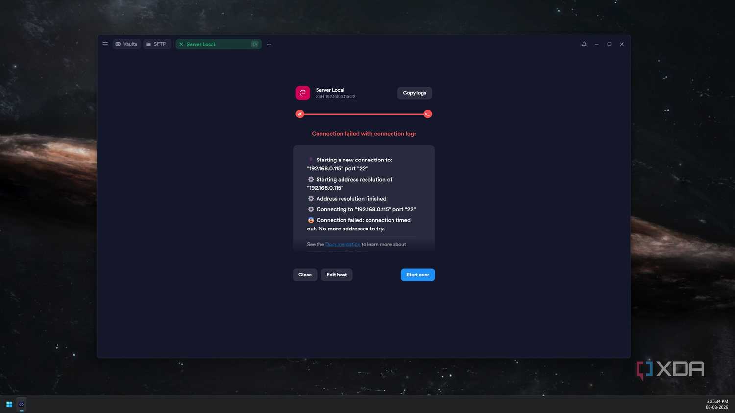 Почему старый ноутбук — лучший выбор для домашнего сервера Termius showing a failed SSH connection with a timeout error