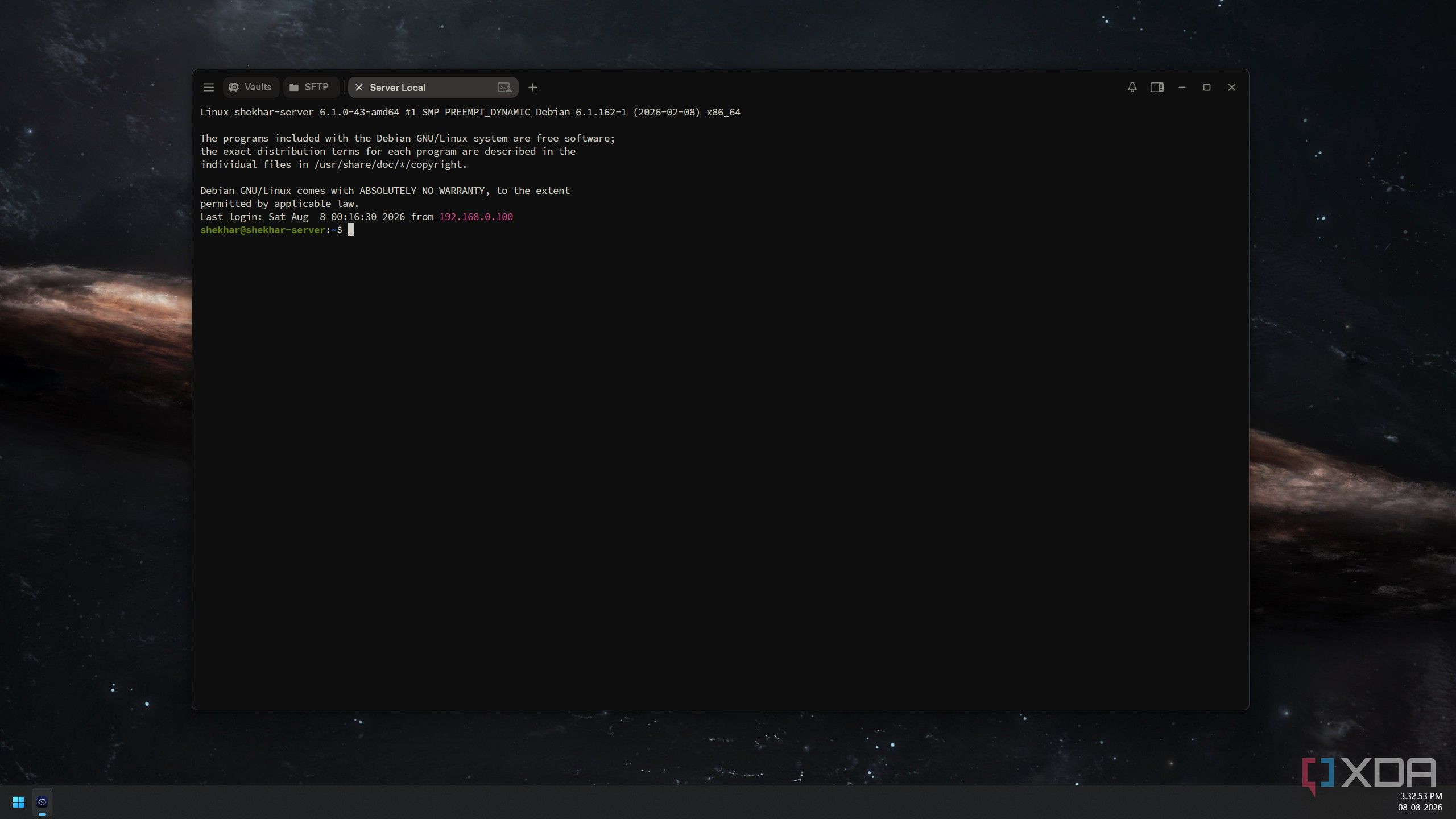 Termius terminal showing an active SSH session to the home server