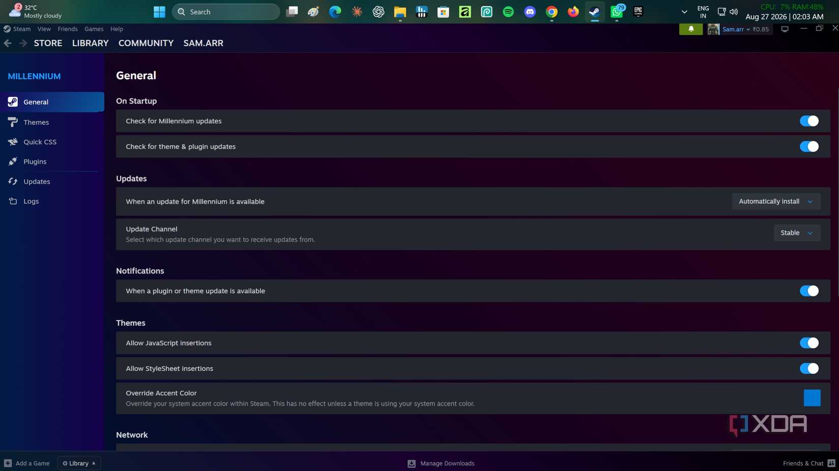 Millennium settings in Steam Homebrew.
