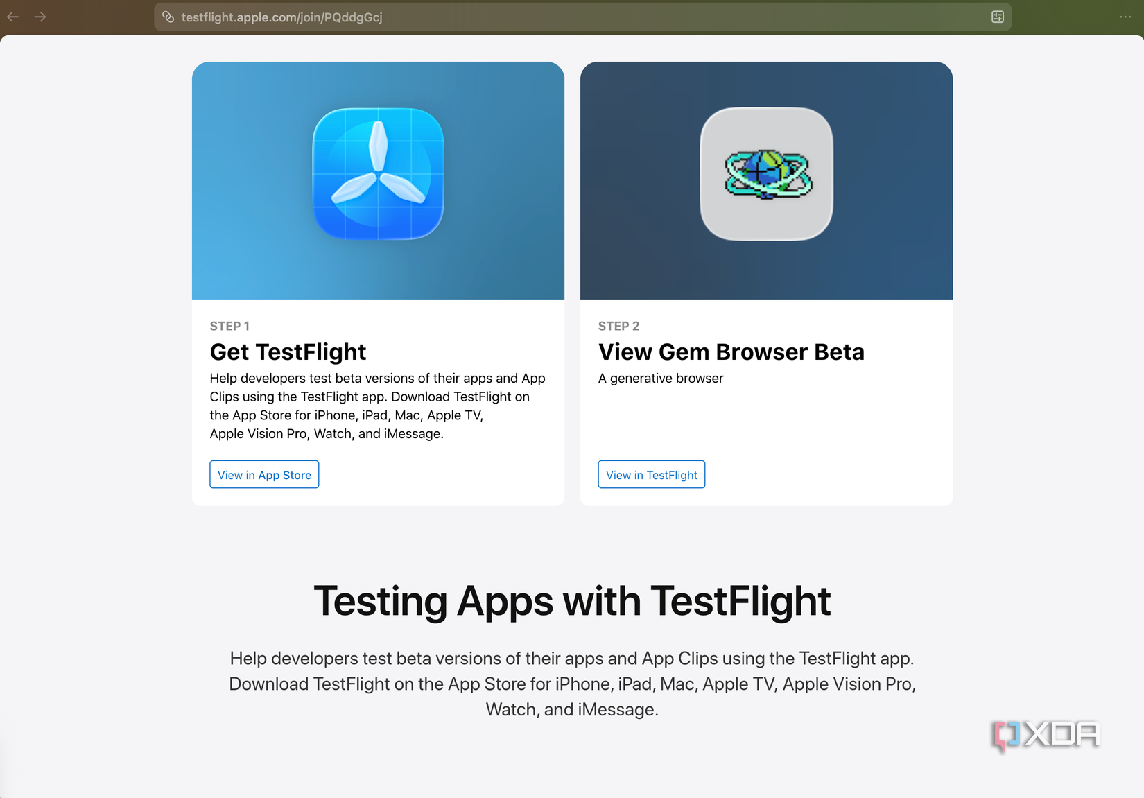 TestFlight website displaying Gem browser